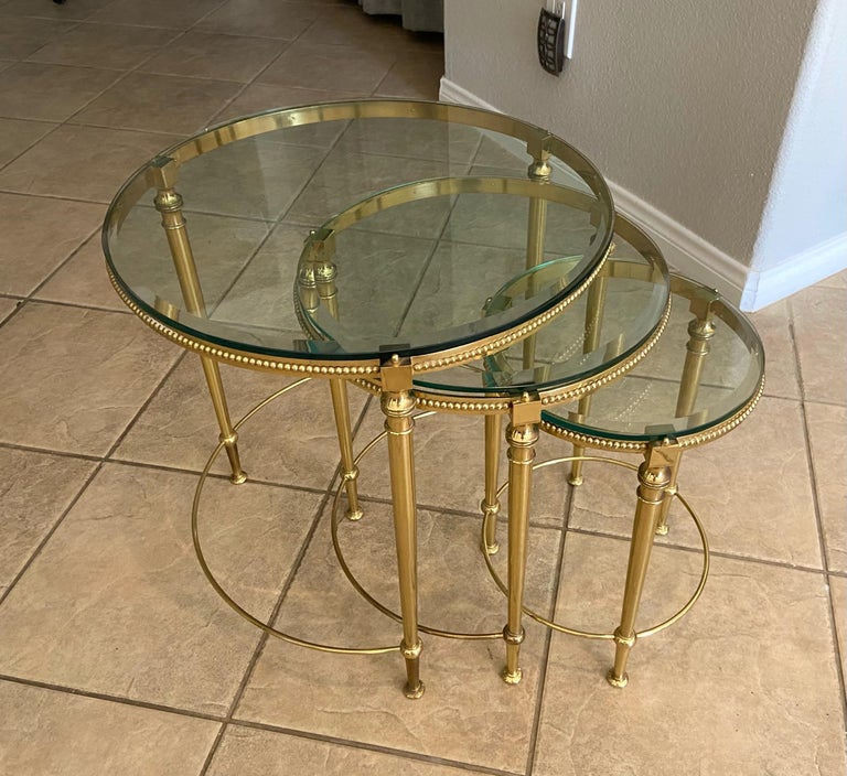 Trio of Maison Jansen French Round Brass Nesting Tables For Sale 2