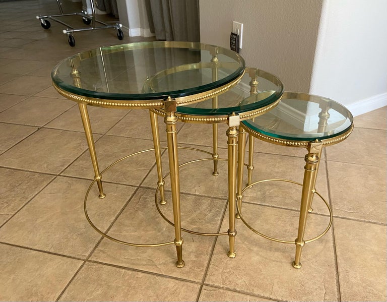 Trio of Maison Jansen French Round Brass Nesting Tables For Sale 3