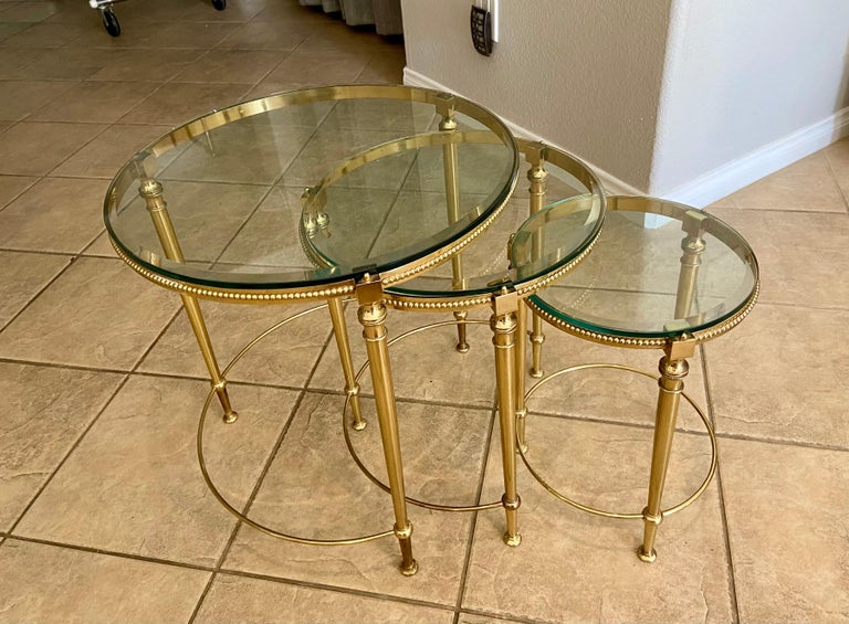 Trio of Maison Jansen French Round Brass Nesting Tables For Sale 4