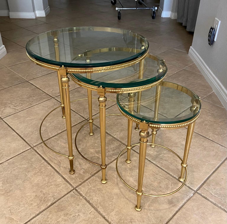 Trio of Maison Jansen French Round Brass Nesting Tables For Sale 5