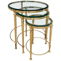 Trio of Maison Jansen French Round Brass Nesting Tables