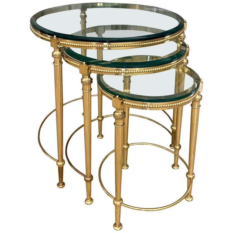 Trio of Maison Jansen French Round Brass Nesting Tables For Sale