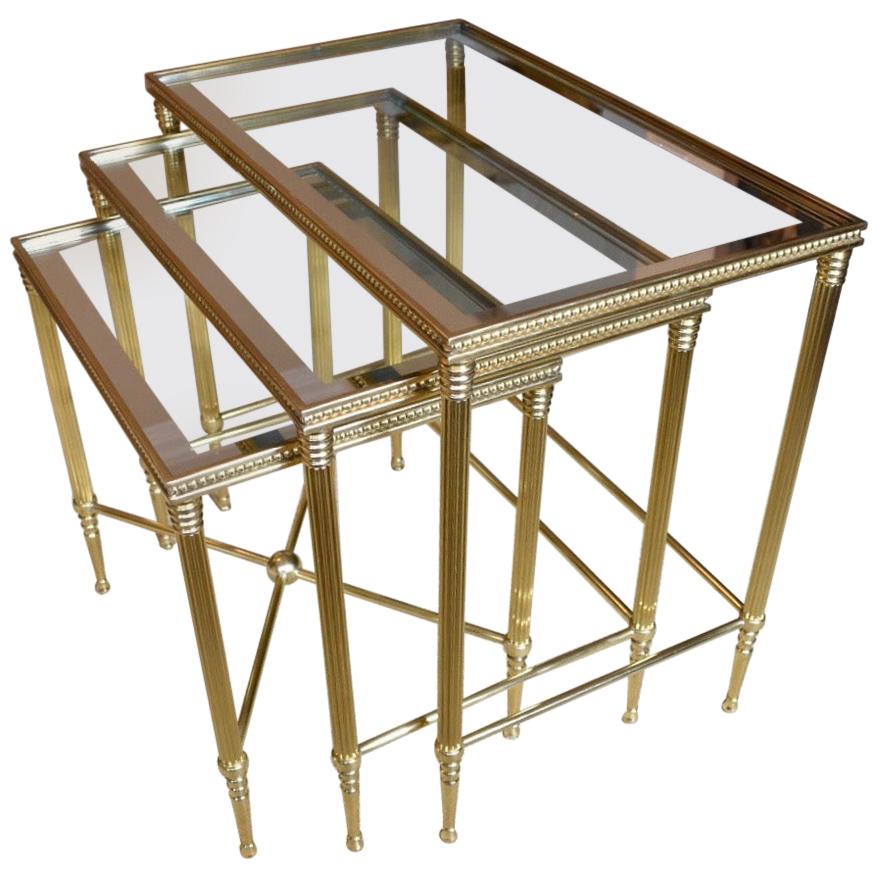 Trio of Maison Jansen Style French Brass Nesting Tables