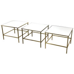 Trio of Mid Century Brass White Vitrolite Square Tables by Harvey Probber 1950s