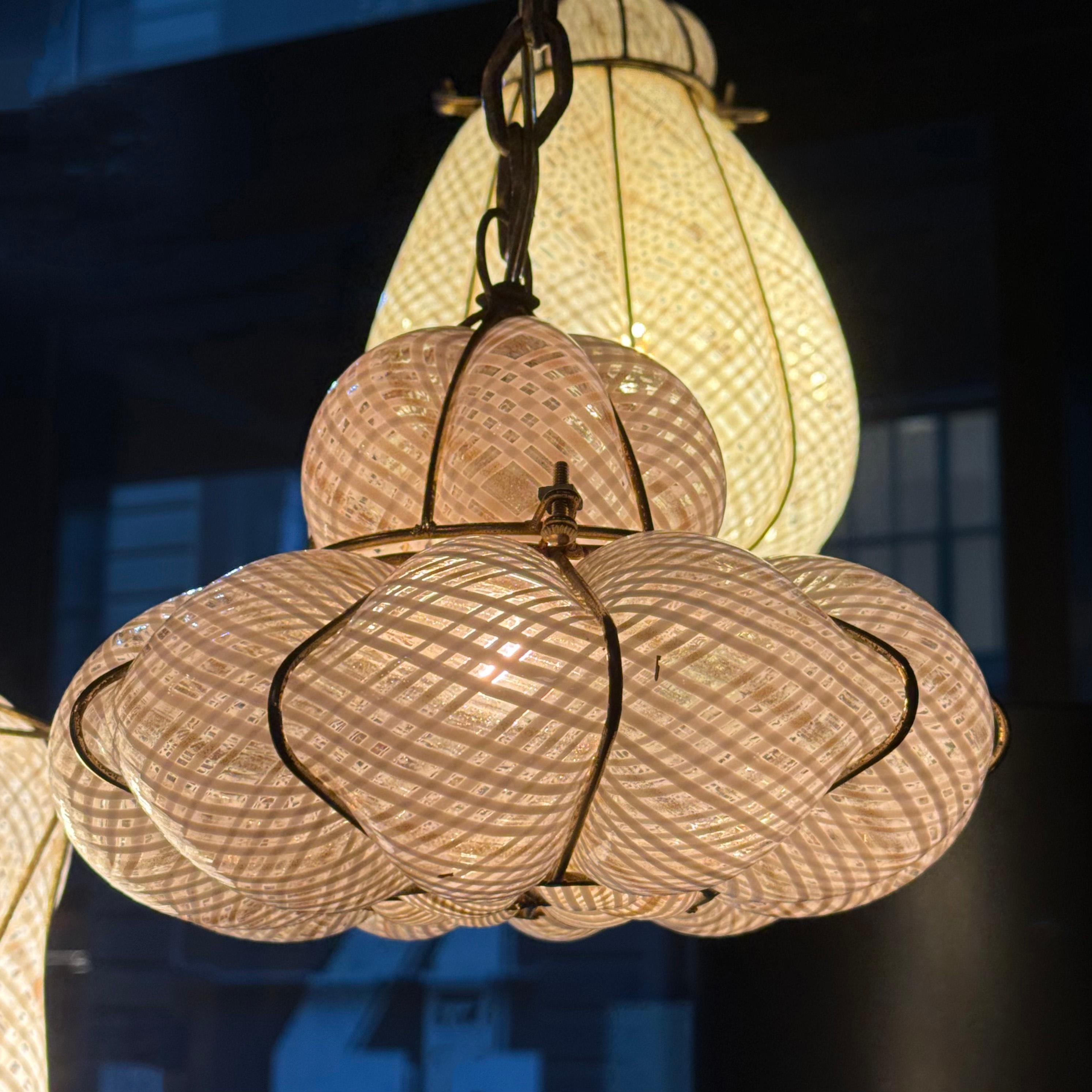 Trio Of Mid-Century Caged Quilted Murano Glass Pendants 3