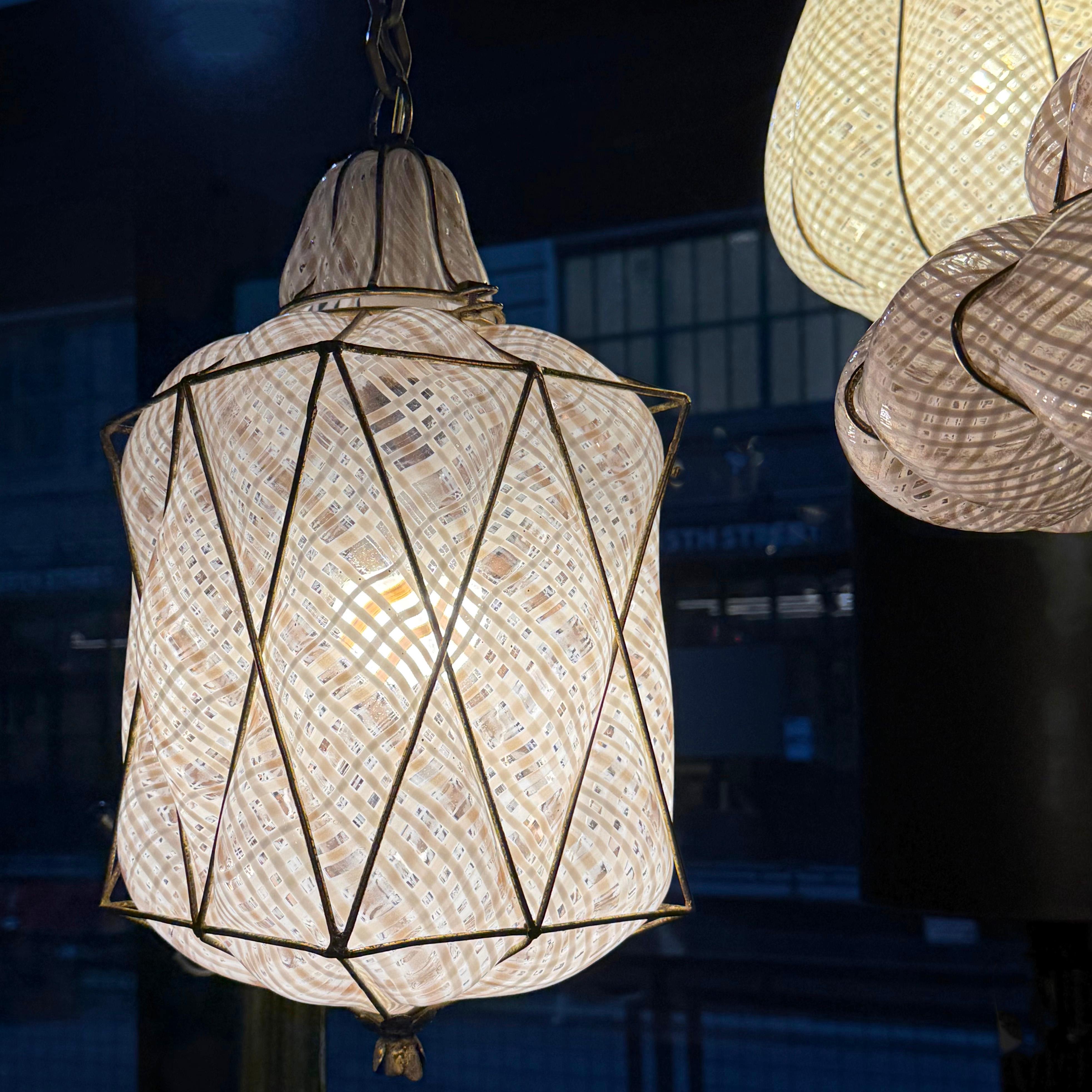Trio Of Mid-Century Caged Quilted Murano Glass Pendants 4