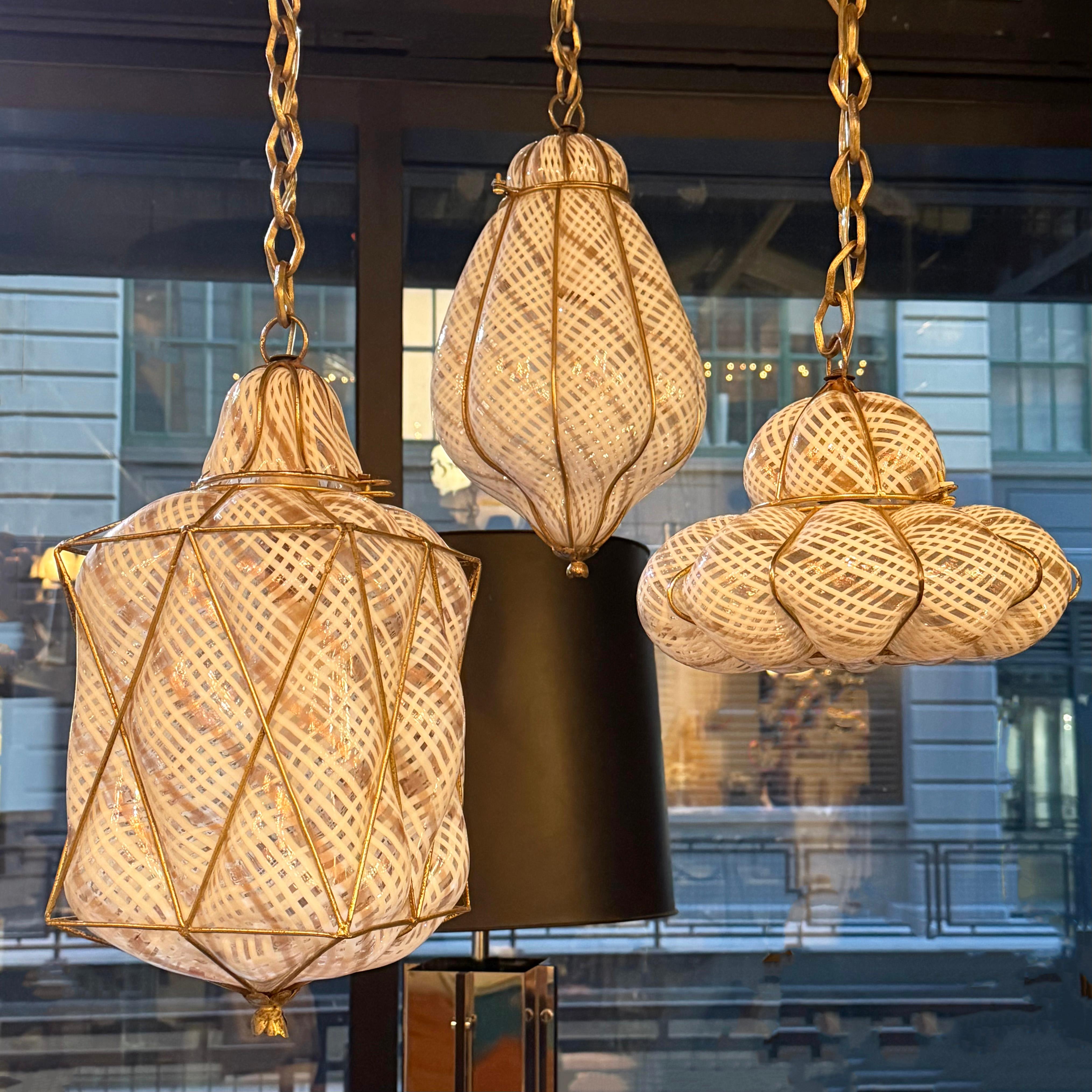 Italian Trio Of Mid-Century Caged Quilted Murano Glass Pendants