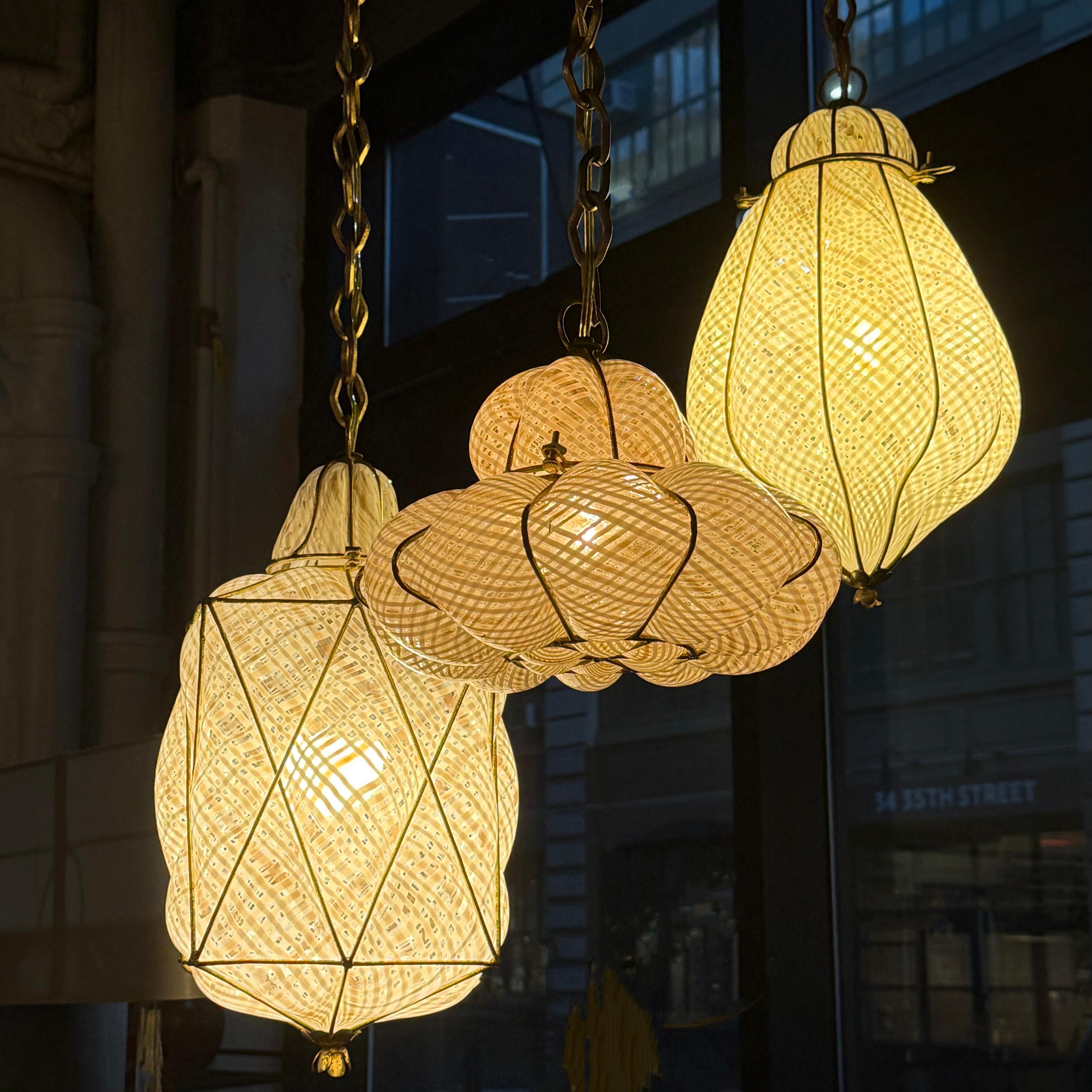 Trio Of Mid-Century Caged Quilted Murano Glass Pendants In Good Condition In Brooklyn, NY