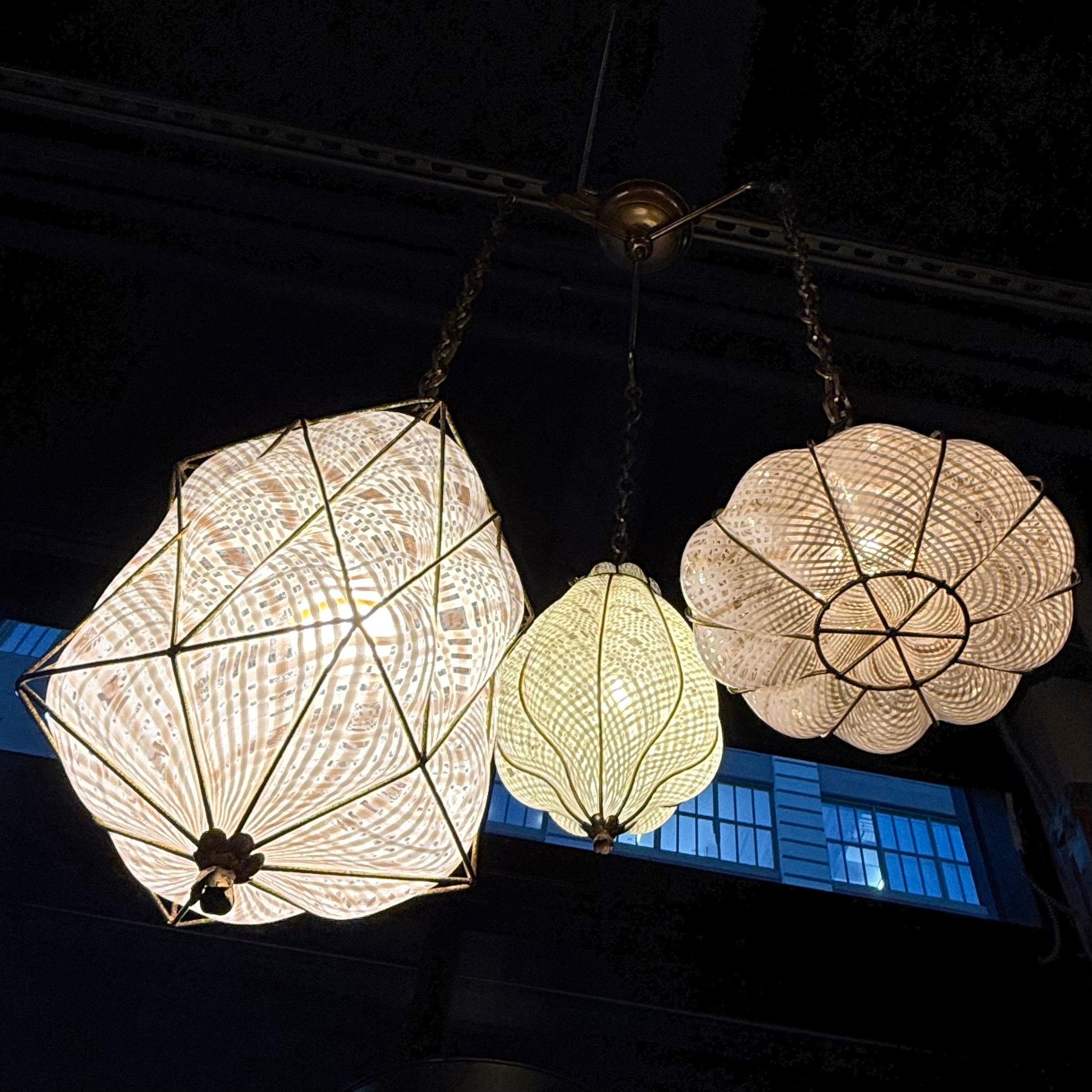 20th Century Trio Of Mid-Century Caged Quilted Murano Glass Pendants