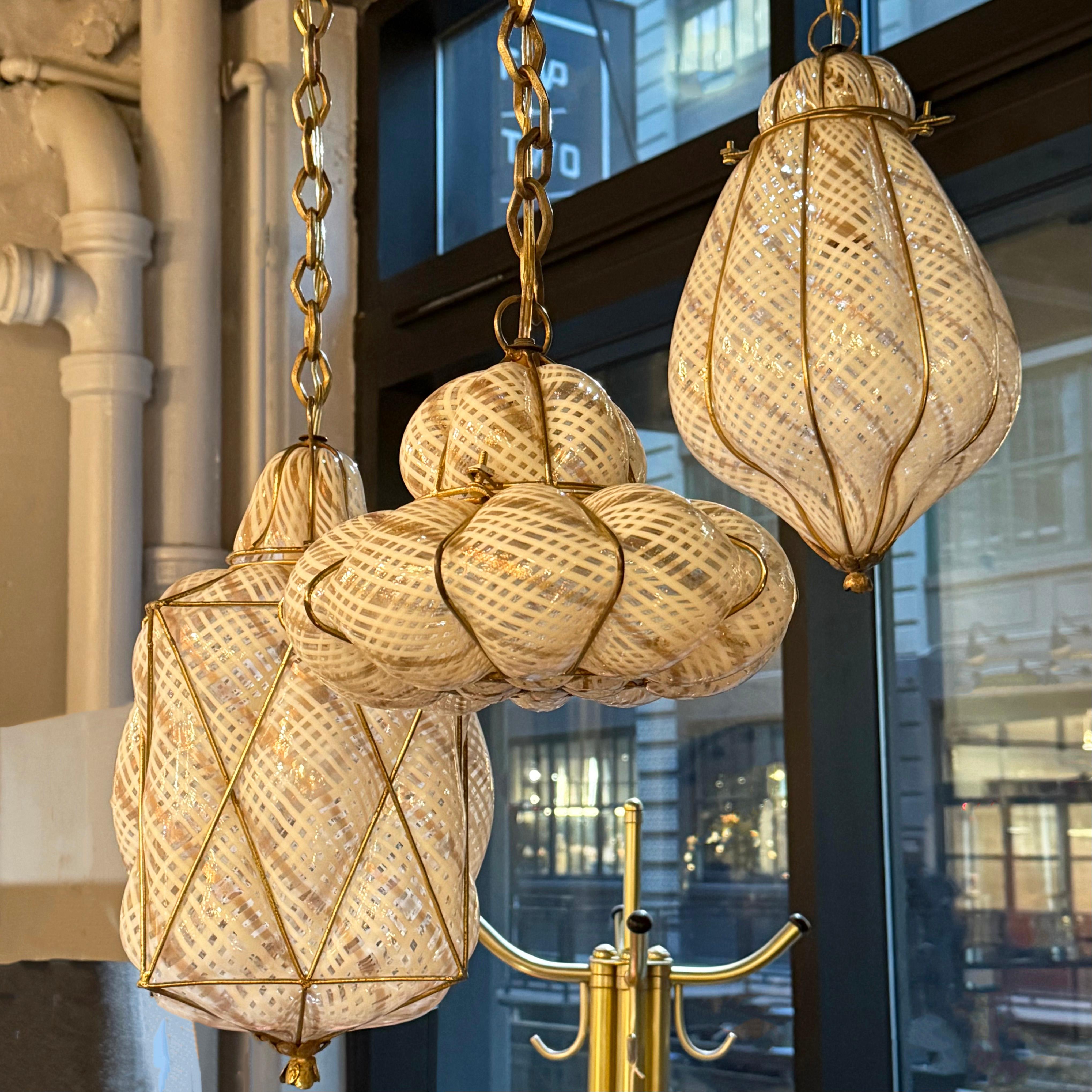 Brass Trio Of Mid-Century Caged Quilted Murano Glass Pendants
