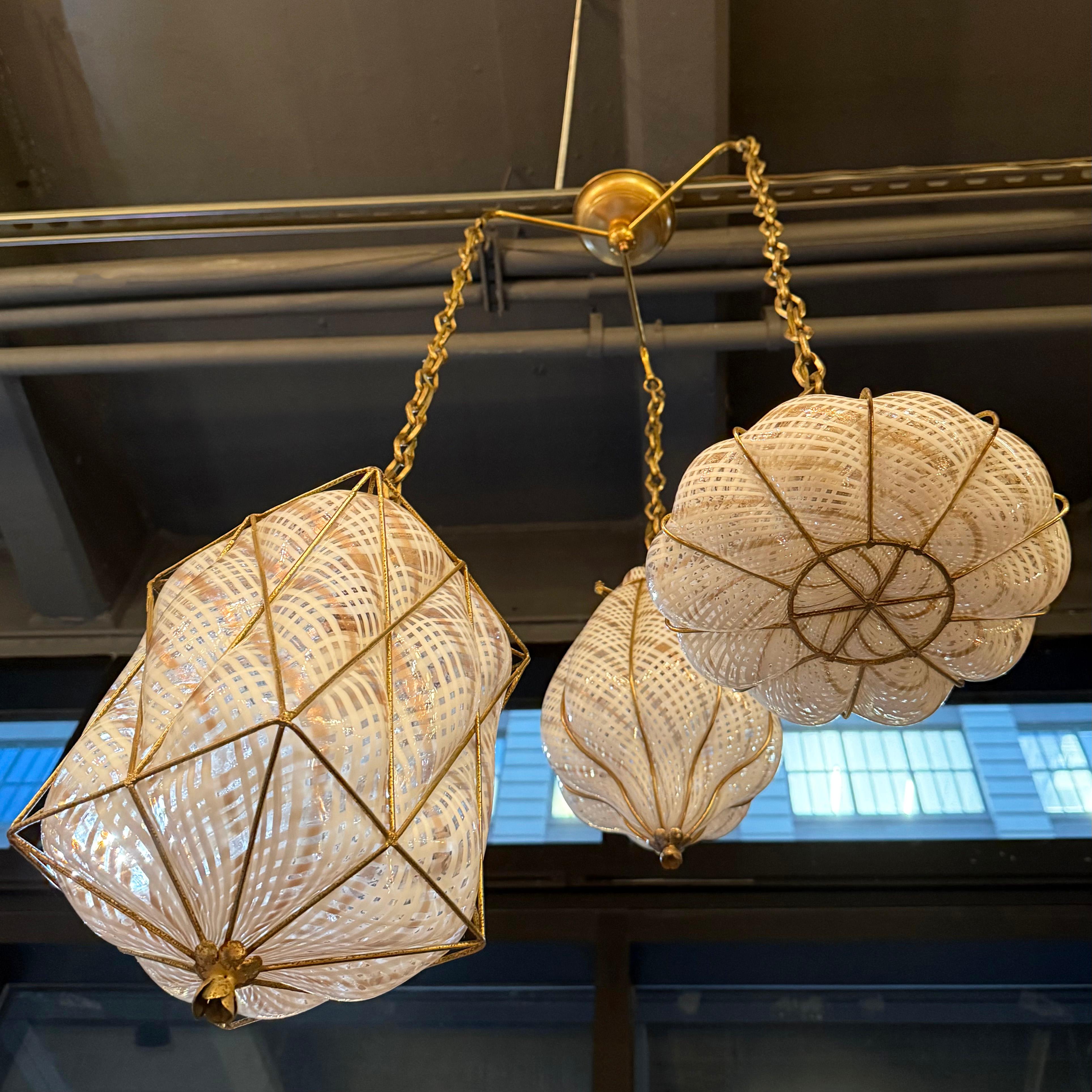 Trio Of Mid-Century Caged Quilted Murano Glass Pendants 1