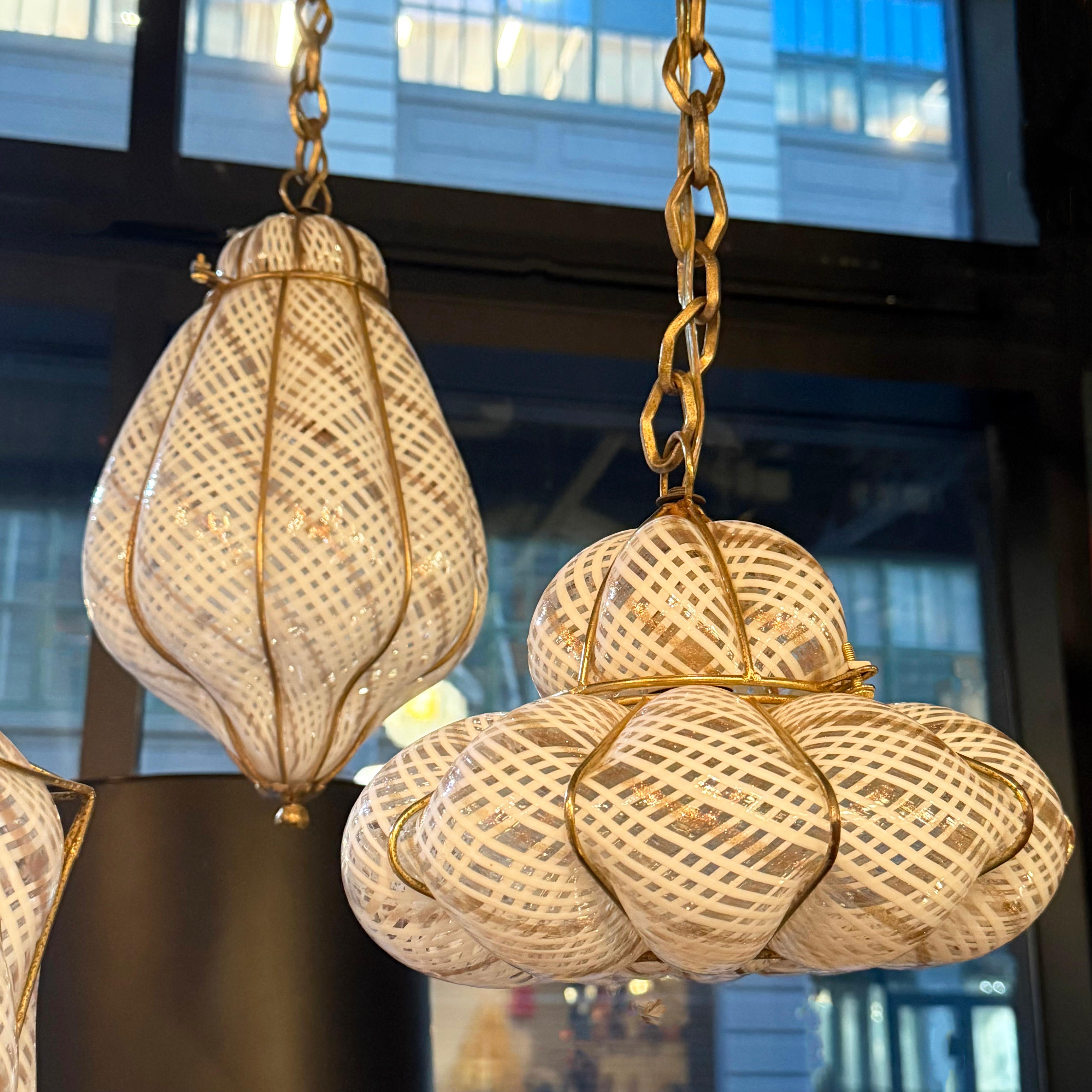 Trio Of Mid-Century Caged Quilted Murano Glass Pendants 2