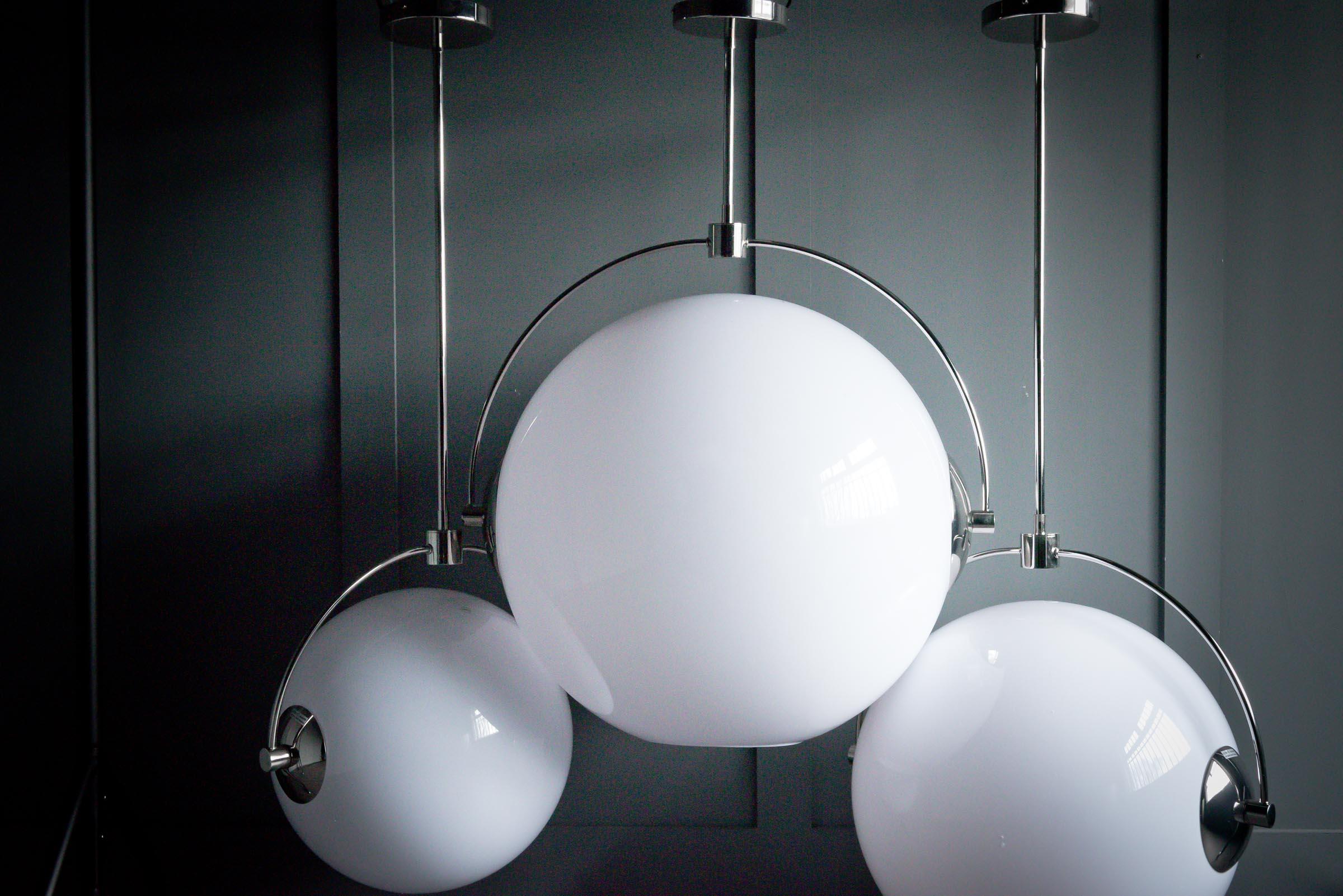 20th Century Trio of Mid Century Influenced Globe Ceiling Pendant Lights For Sale
