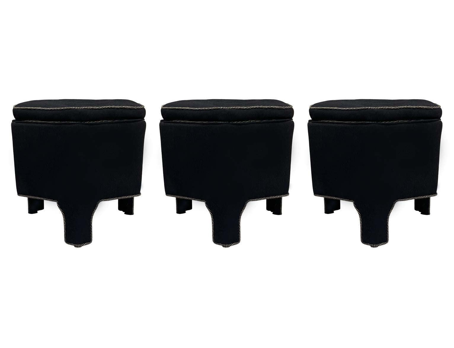 Hollywood Regency Trio of Mid-Century Modern Upholstered Stools or Benches in Hexagonal Form For Sale