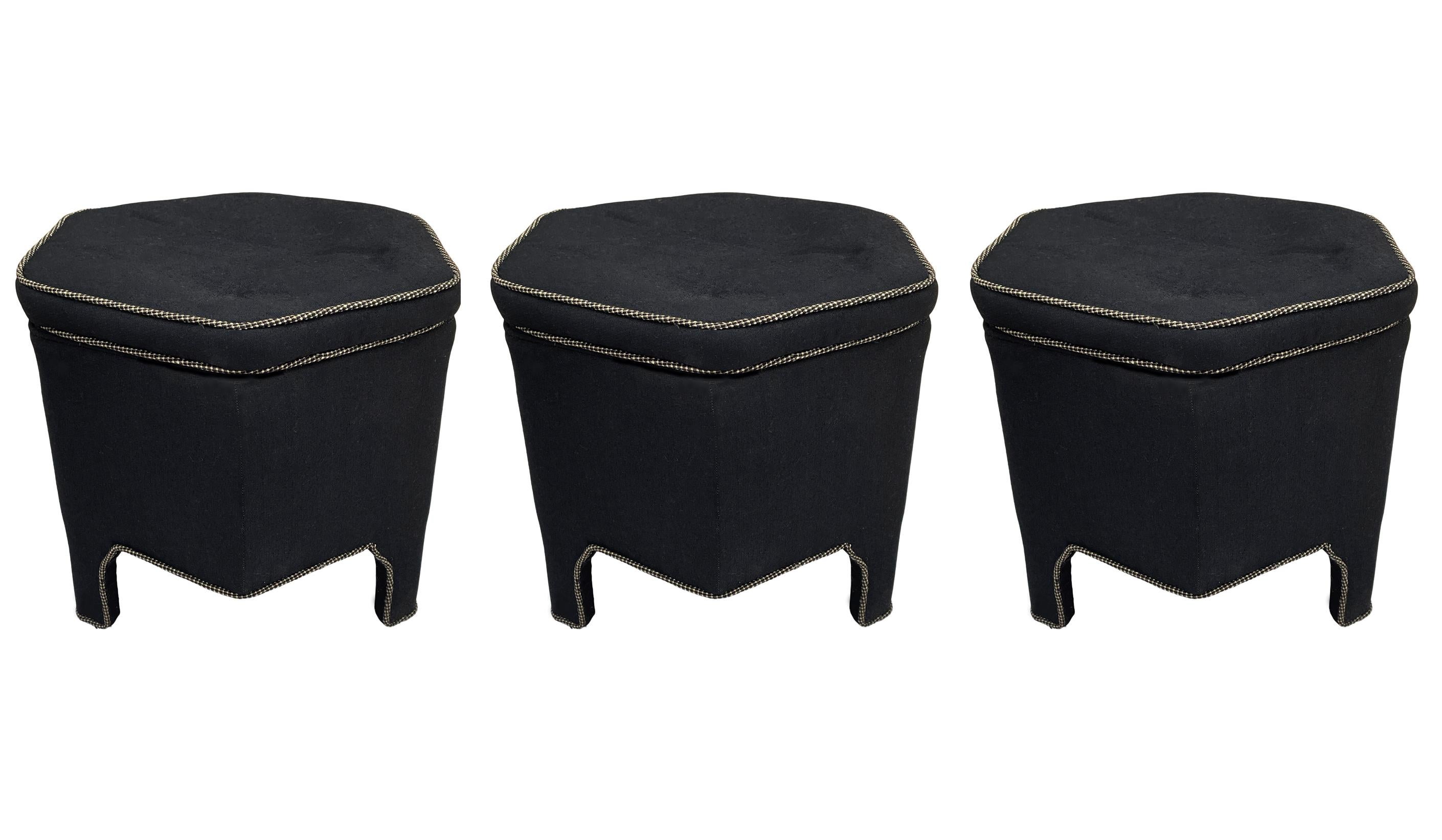Trio of Mid-Century Modern Upholstered Stools or Benches in Hexagonal Form In Good Condition For Sale In Philadelphia, PA