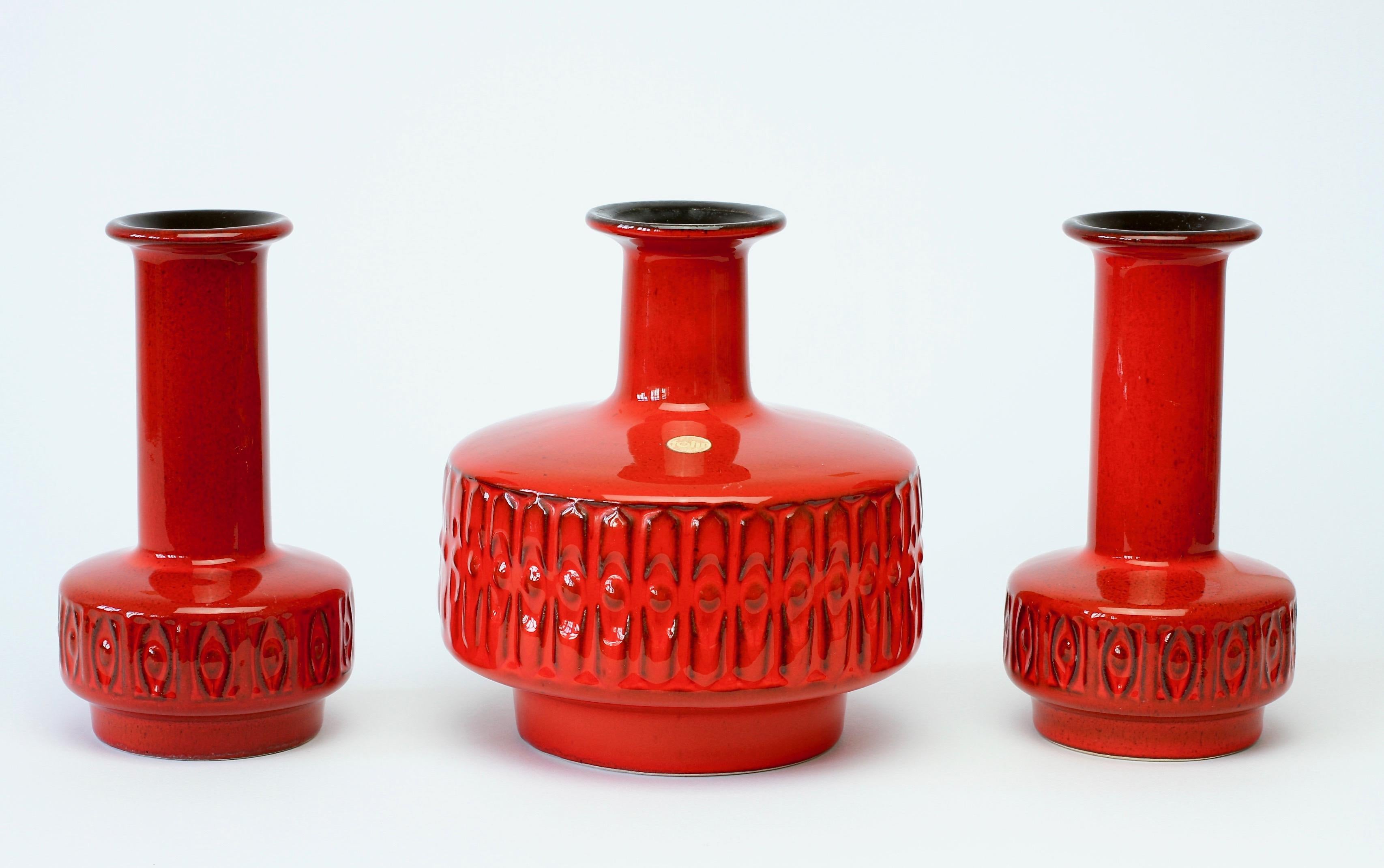 Embossed Trio of Mid-Century Modernist Red West German Vases by Fohr Pottery, circa 1970