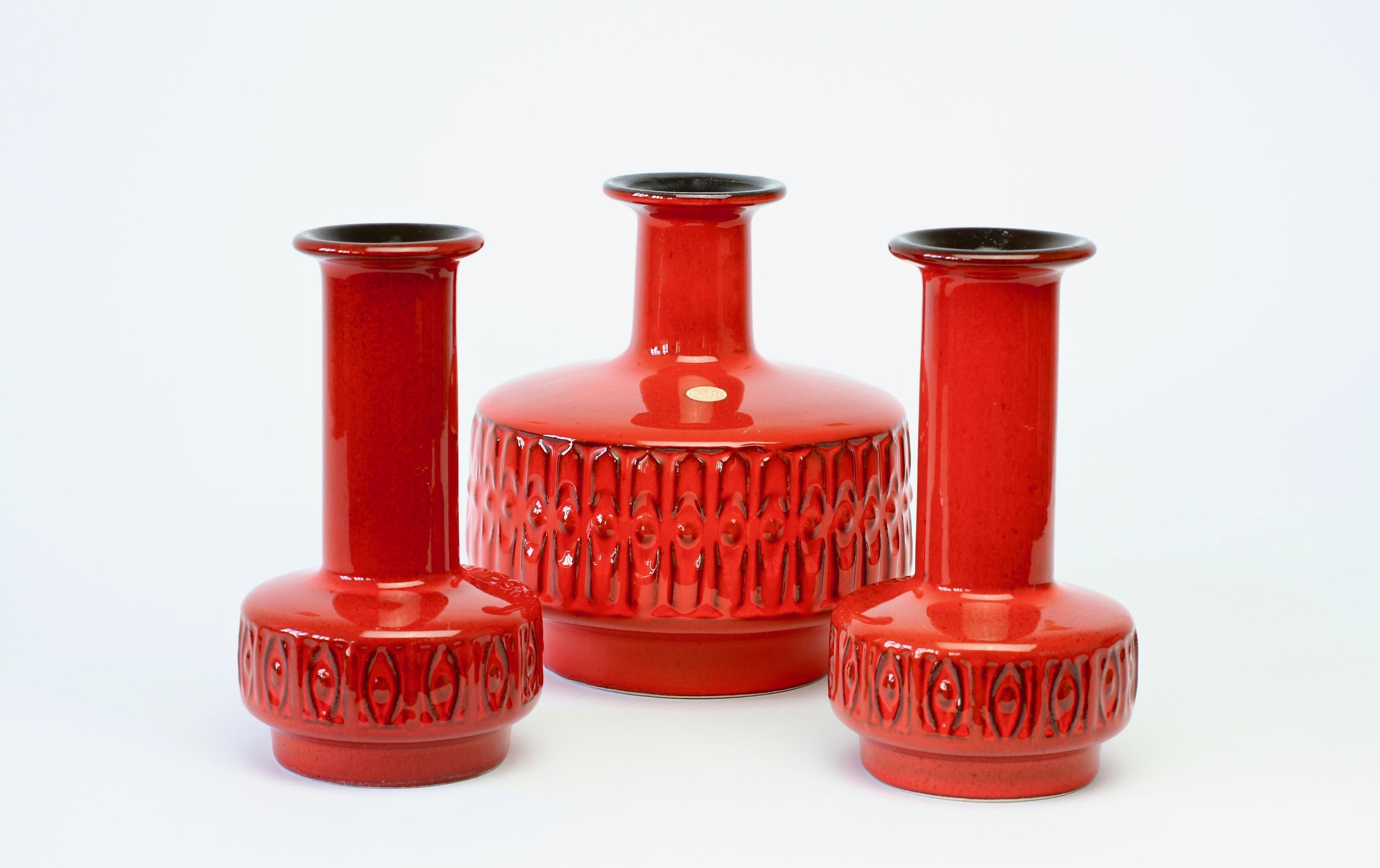 20th Century Trio of Mid-Century Modernist Red West German Vases by Fohr Pottery, circa 1970