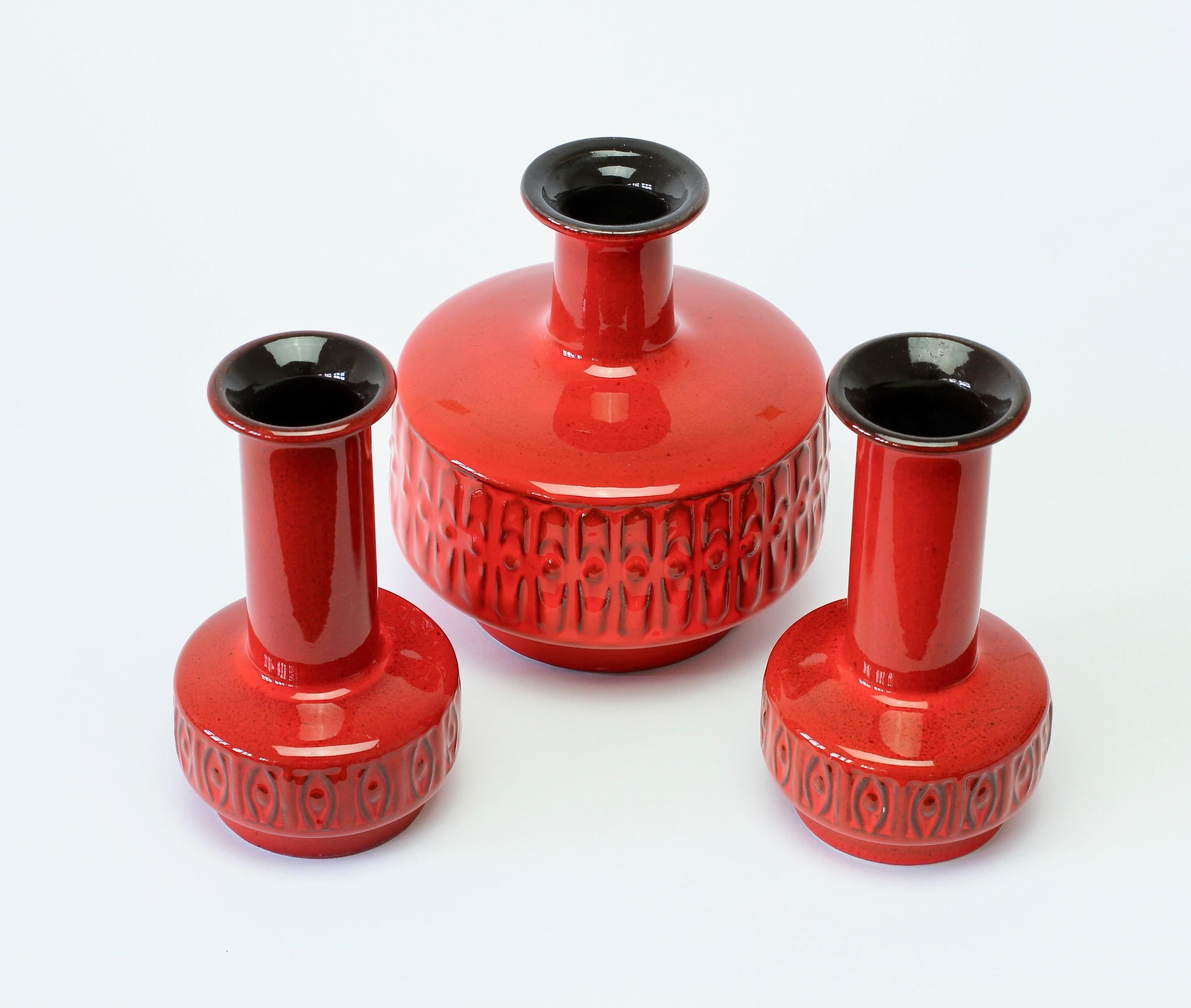 Ceramic Trio of Mid-Century Modernist Red West German Vases by Fohr Pottery, circa 1970