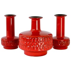 Trio of Mid-Century Modernist Red West German Vases by Fohr Pottery, circa 1970