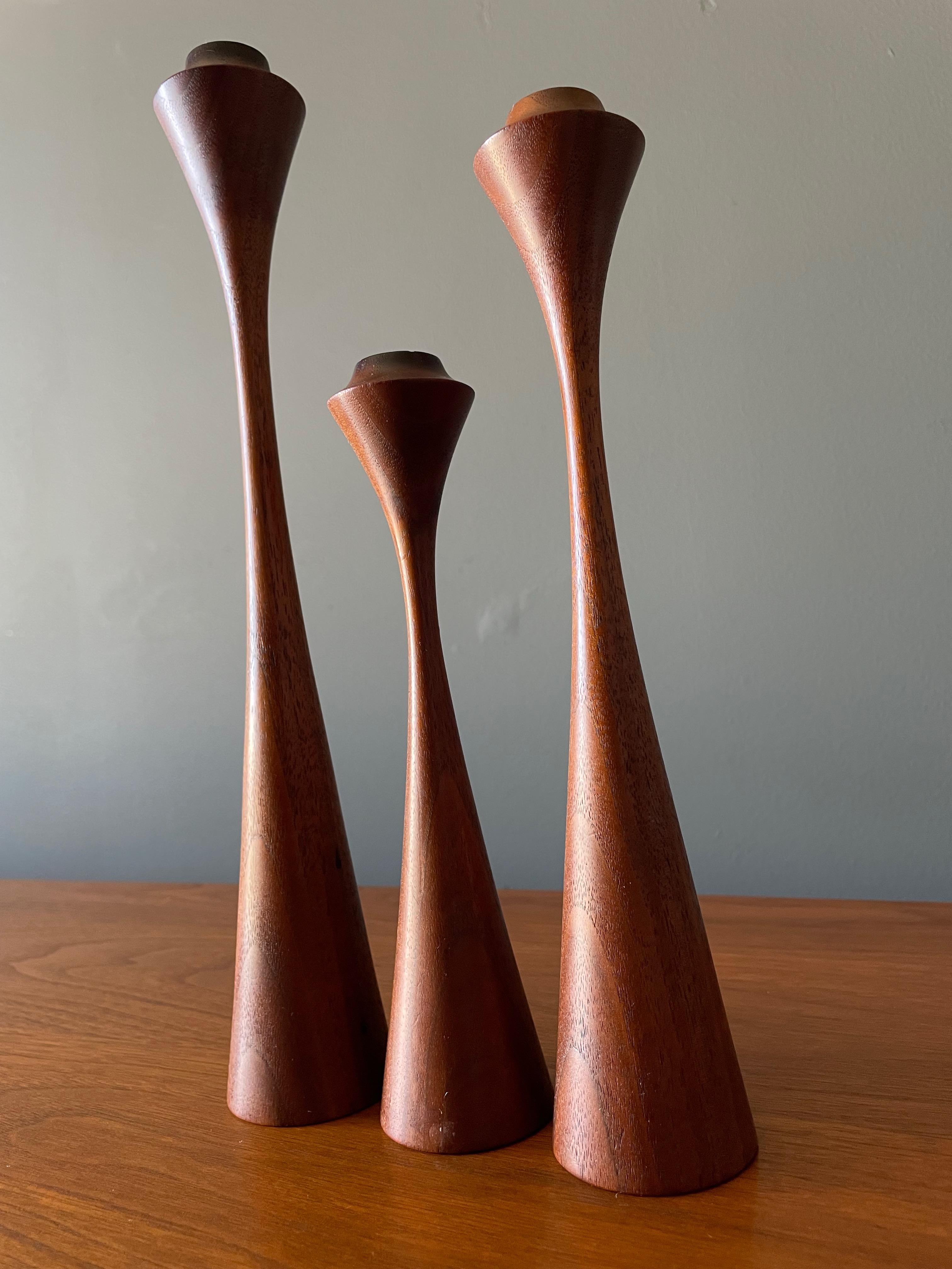 Trio of Mid Century Sculptural Teak Candle Holders 4