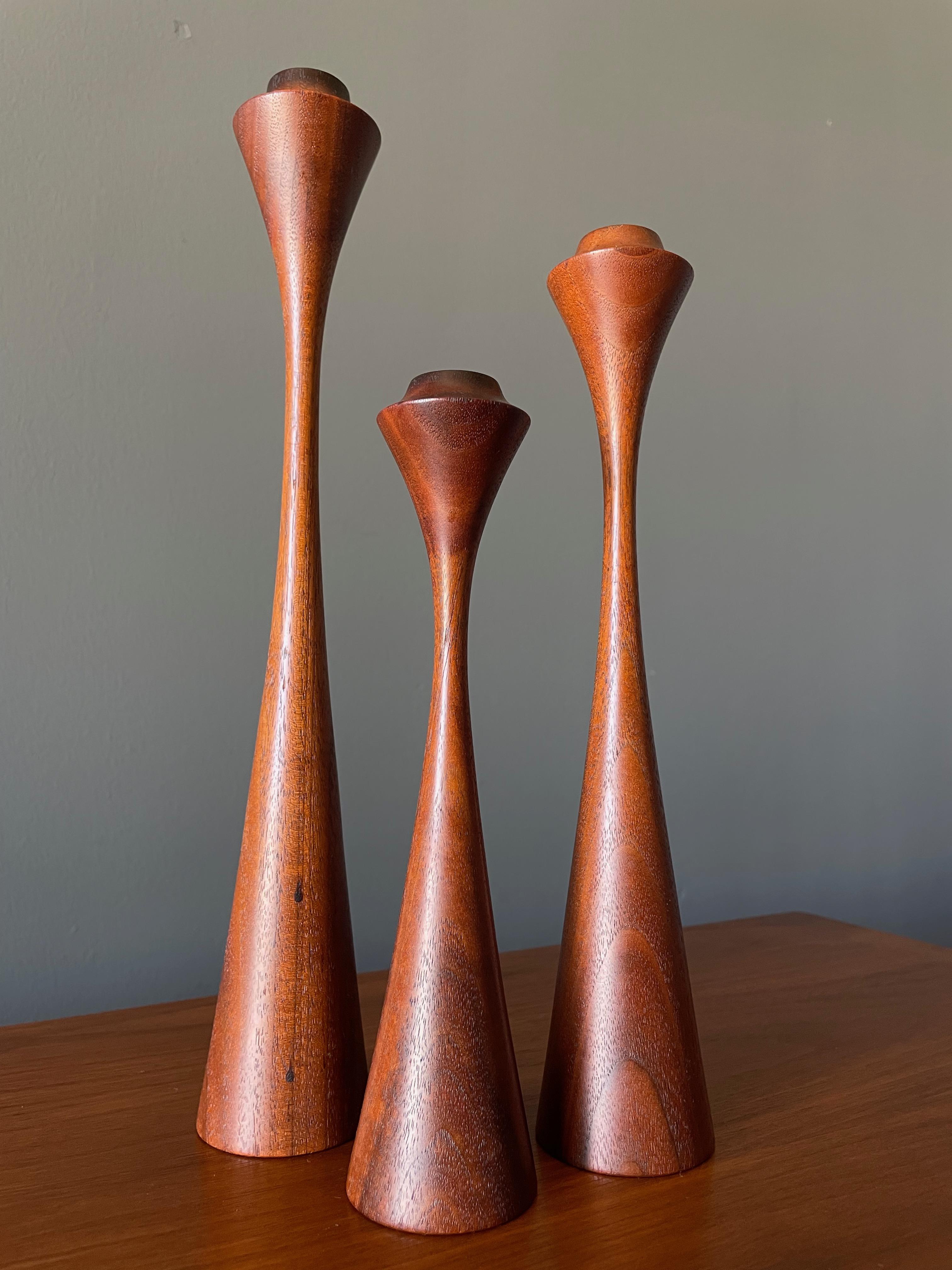 Turned Trio of Mid Century Sculptural Teak Candle Holders