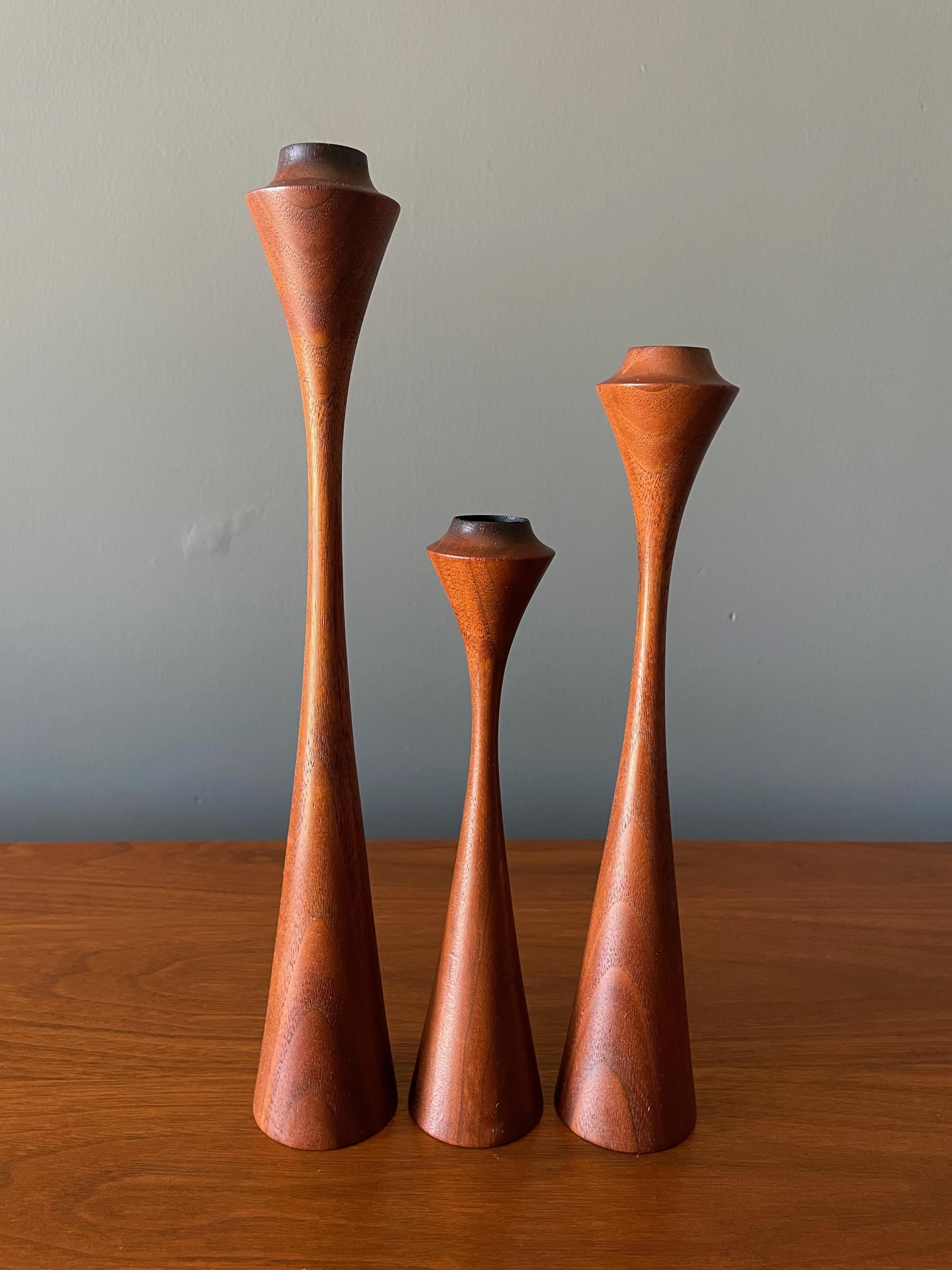 Trio of Mid Century Sculptural Teak Candle Holders In Good Condition In Costa Mesa, CA