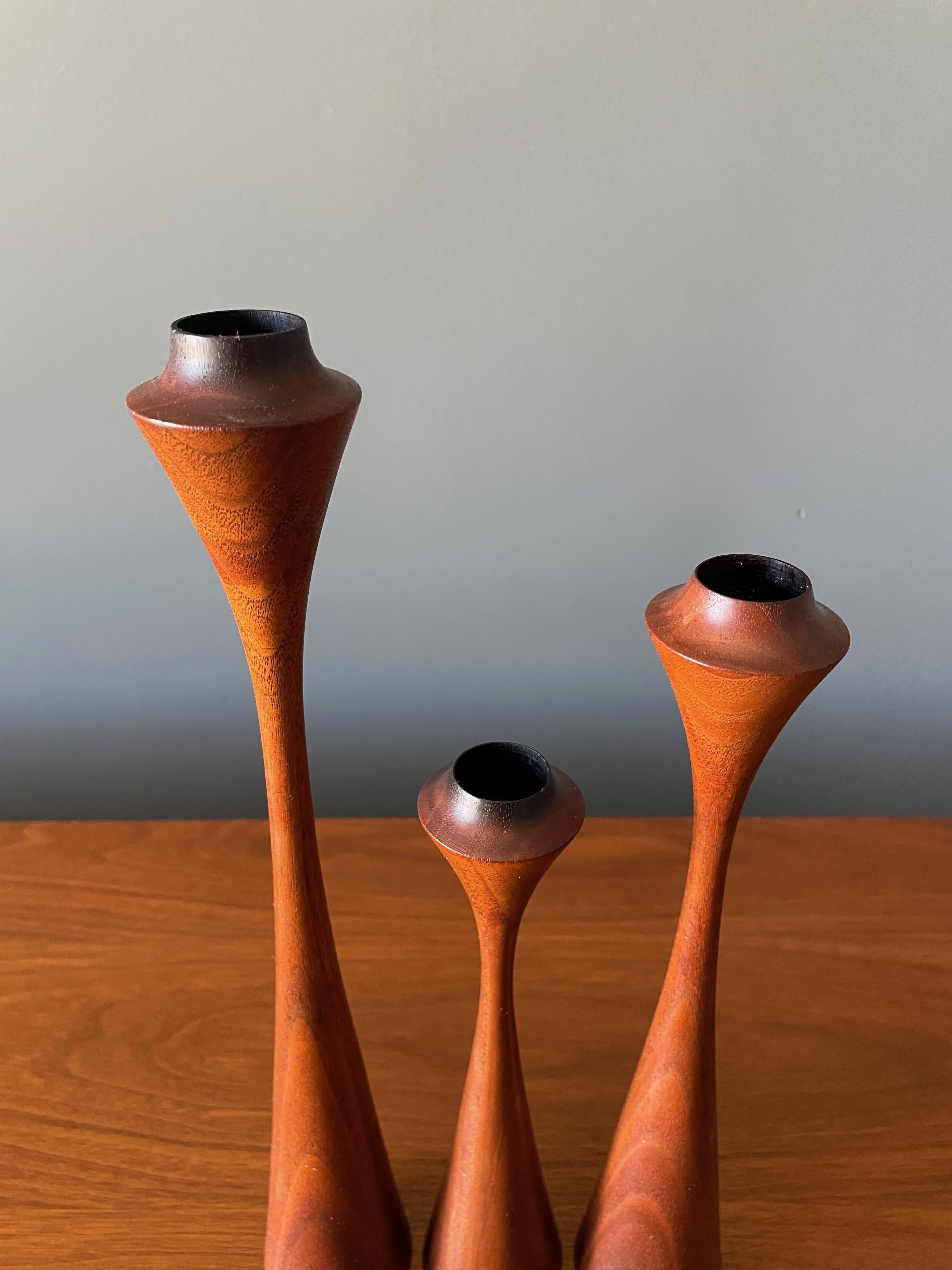 Trio of Mid Century Sculptural Teak Candle Holders 2