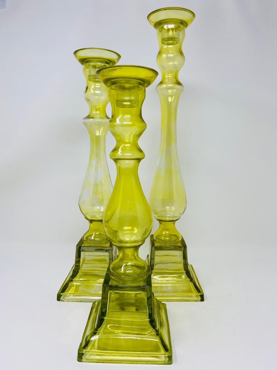 Hand-Crafted Trio of Mid Century Yellow Amber Glass Candleholders by Lazy Susan For Sale