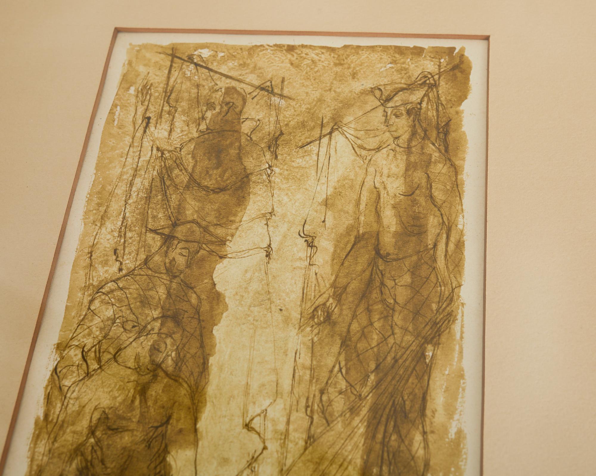 Trio of Midcentury Figurative Watercolor Framed Paintings For Sale 4