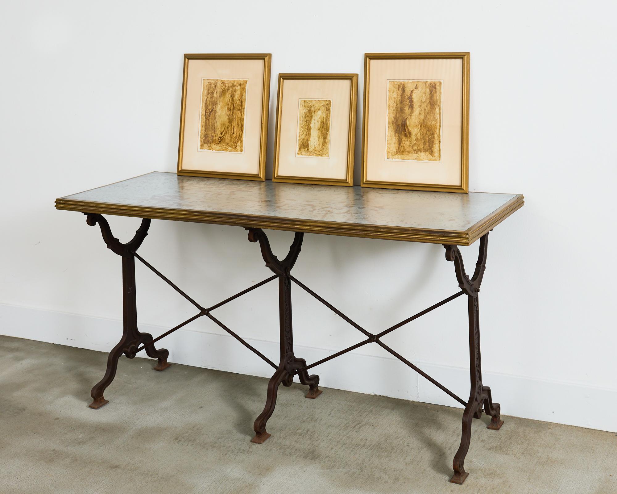 Lovely collection of three mid-century modern watercolor paintings each matted and framed on giltwood frames behind glass. The set consists of two larger paintings sight measuring 9 x 11 inches and one smaller painting sight measuring 6 x 8.5
