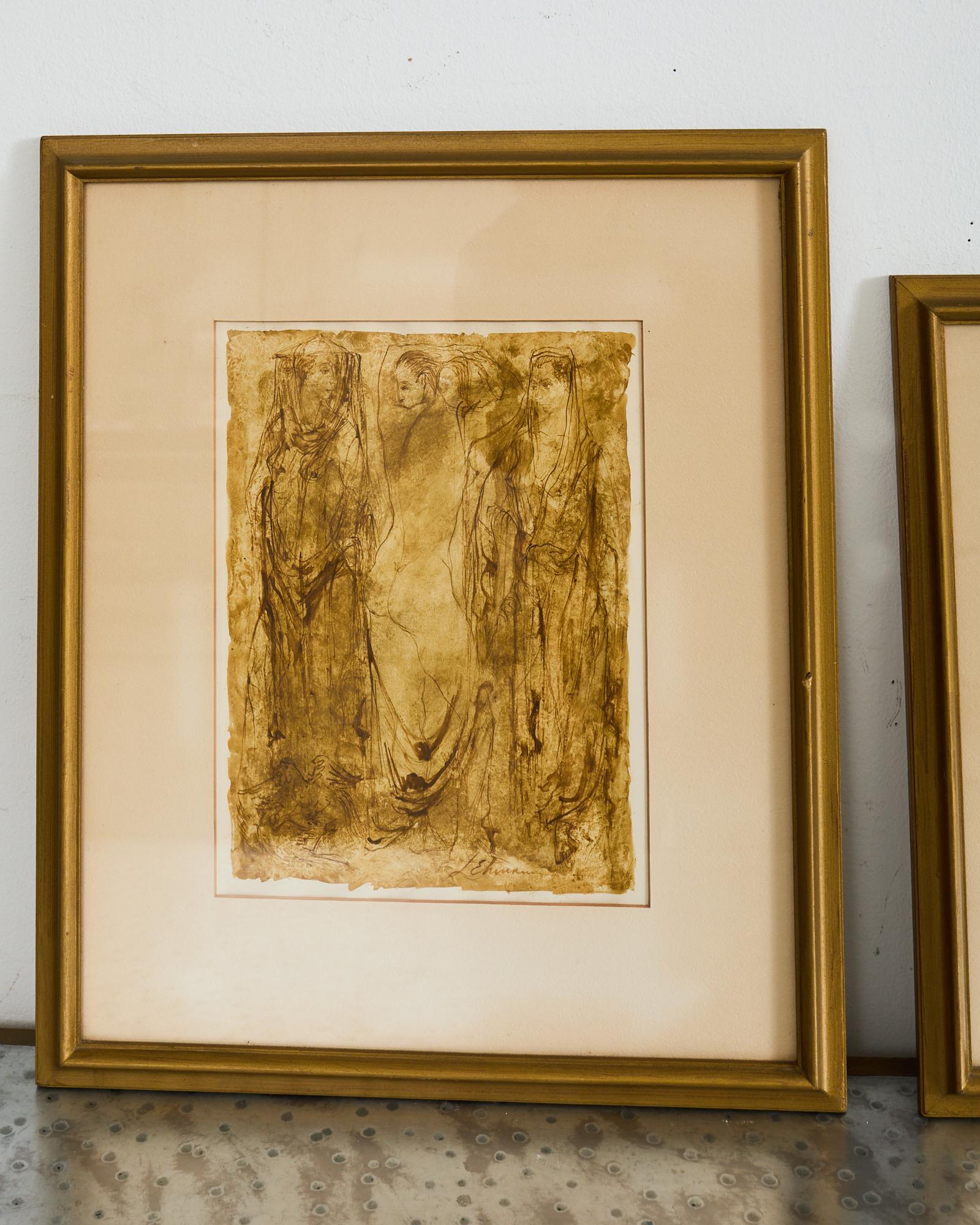 Hand-Crafted Trio of Midcentury Figurative Watercolor Framed Paintings For Sale