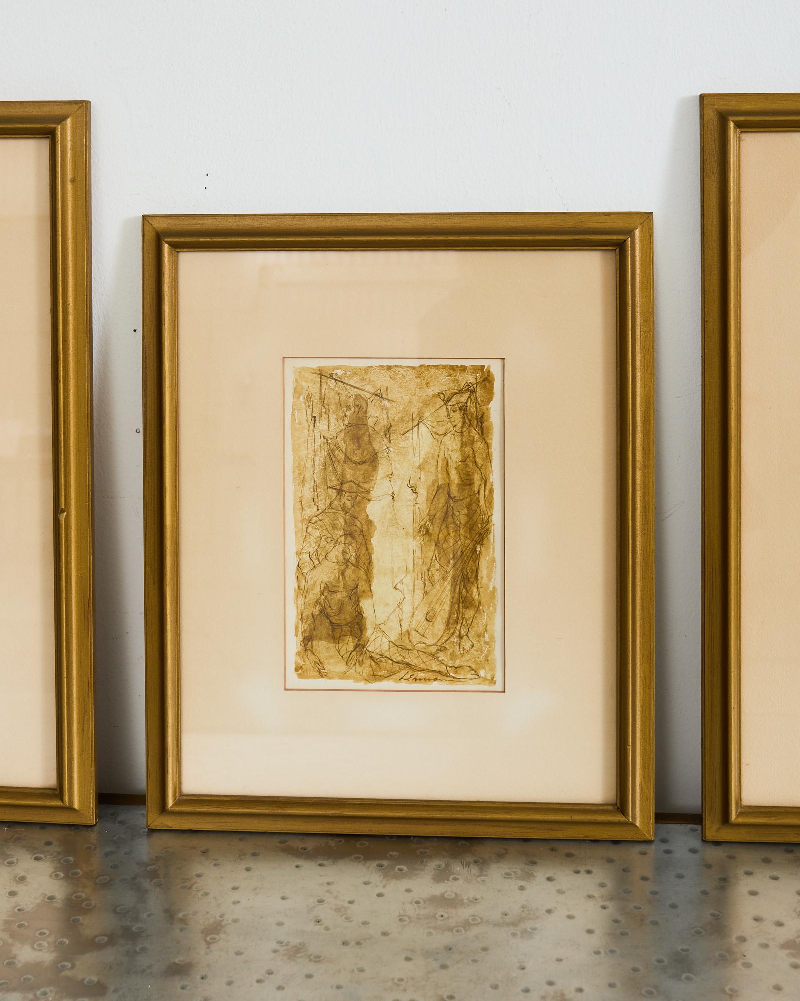 Trio of Midcentury Figurative Watercolor Framed Paintings In Good Condition For Sale In Rio Vista, CA
