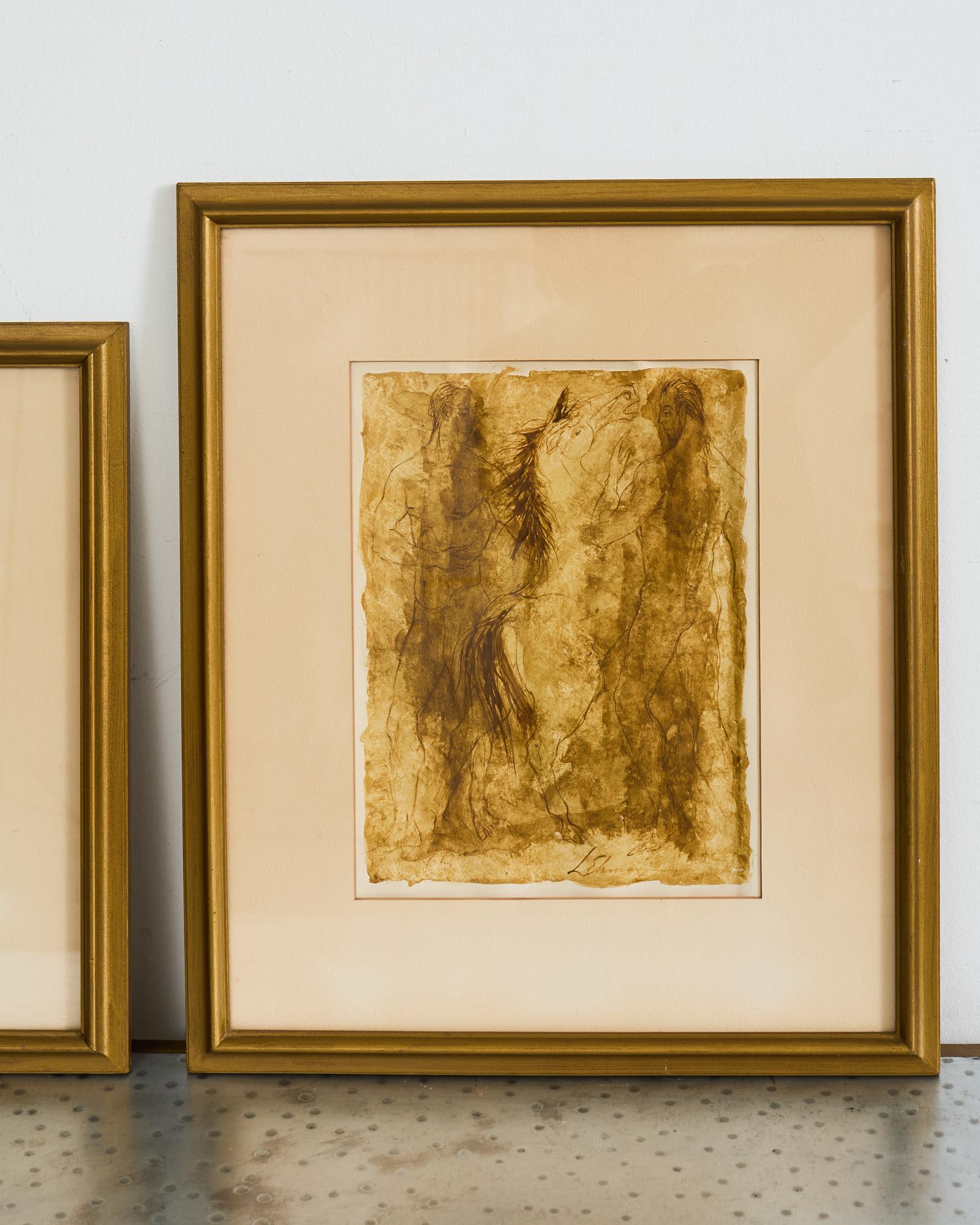 20th Century Trio of Midcentury Figurative Watercolor Framed Paintings For Sale