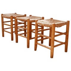 Trio of Midcentury French Rush Stools in the manner of Charlotte Perriand