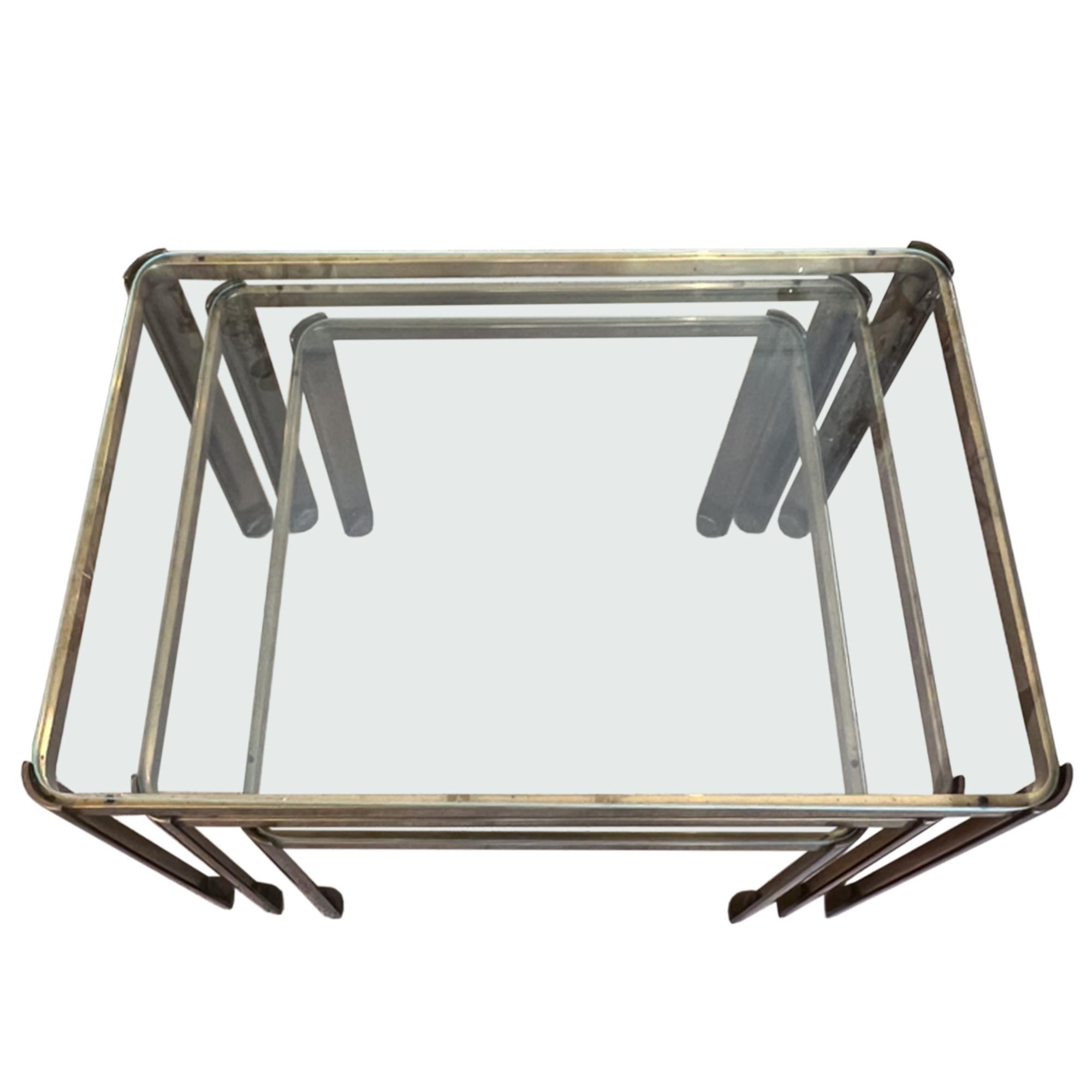Brass Trio of Midcentury French Side Tables Designed by JT LePelletier For Sale