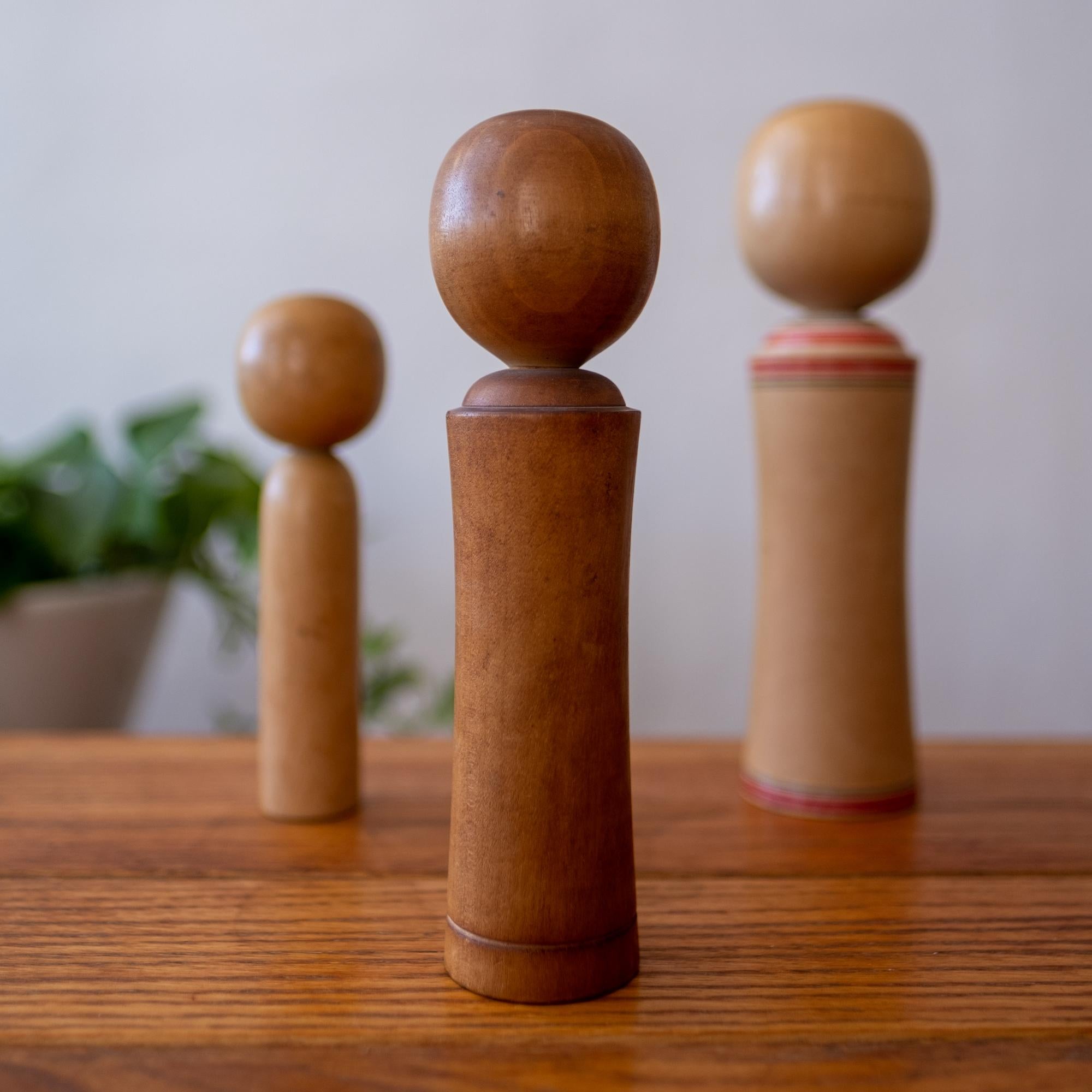 Hand-Carved Trio of Minimalist Kokeshi Doll Sculptures Signed