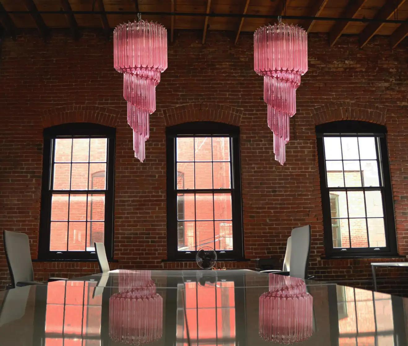 Italian Trio of Murano Chandeliers Crystal Pink Prism, Murano For Sale