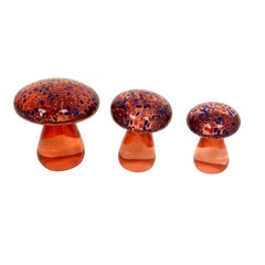 Trio of Murano Toadstool Orange and Blue Art Glass Mushrooms Paperweight, Italy 