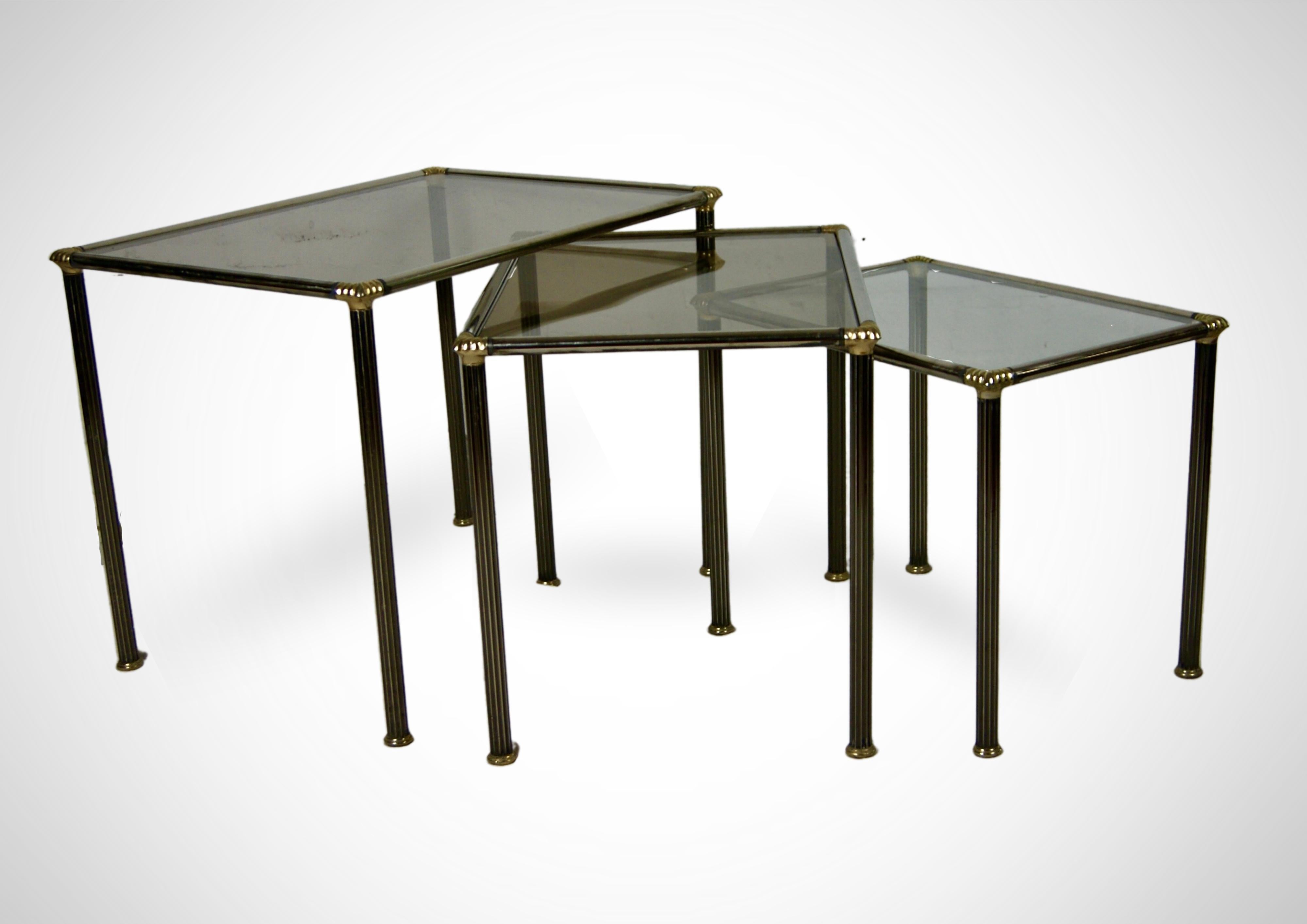 Mid-Century Modern Trio of Nesting Tables With Smoked Glass Tops Circa 1970s Maison Charles Style  For Sale