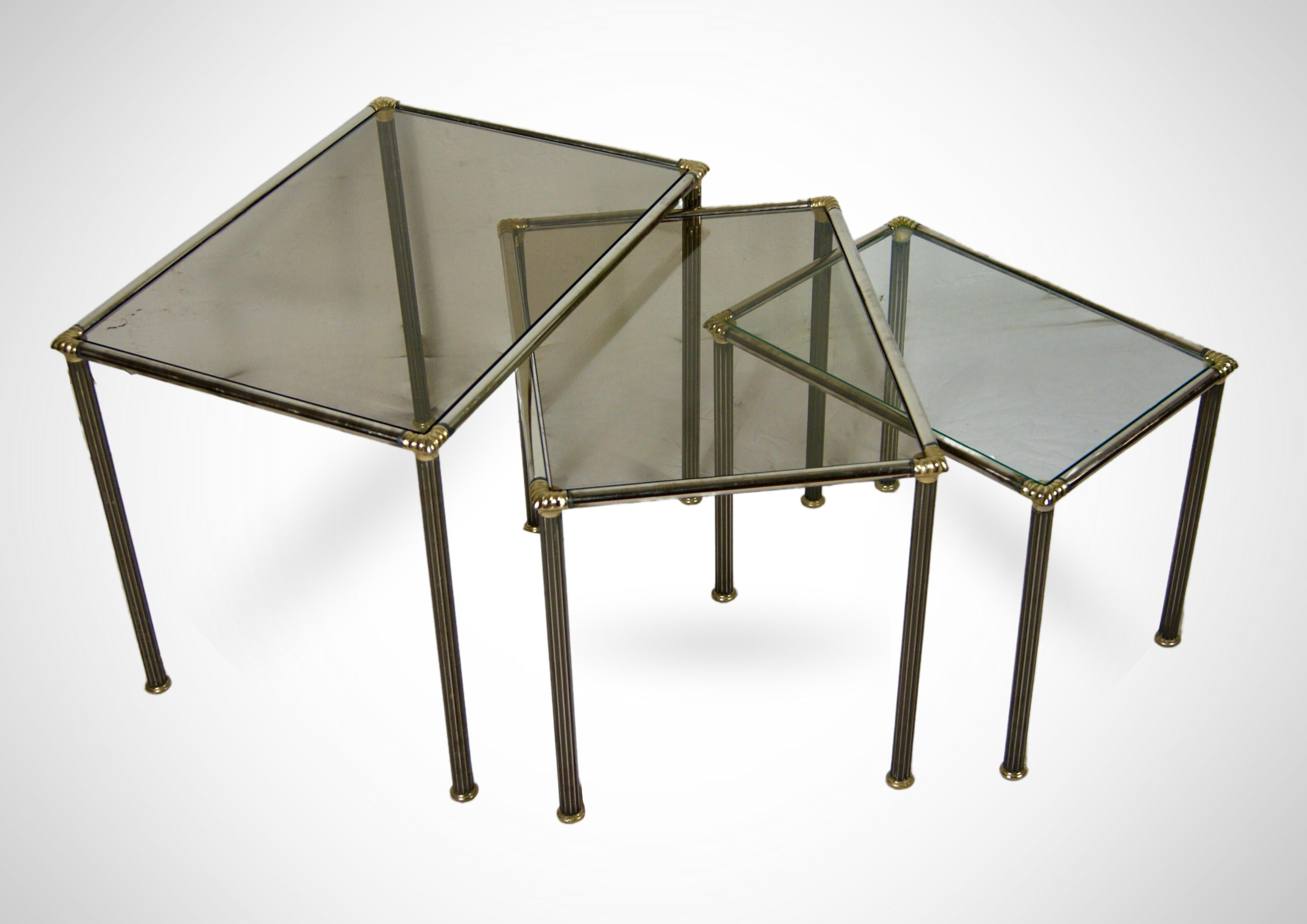 Other Trio of Nesting Tables With Smoked Glass Tops Circa 1970s Maison Charles Style  For Sale