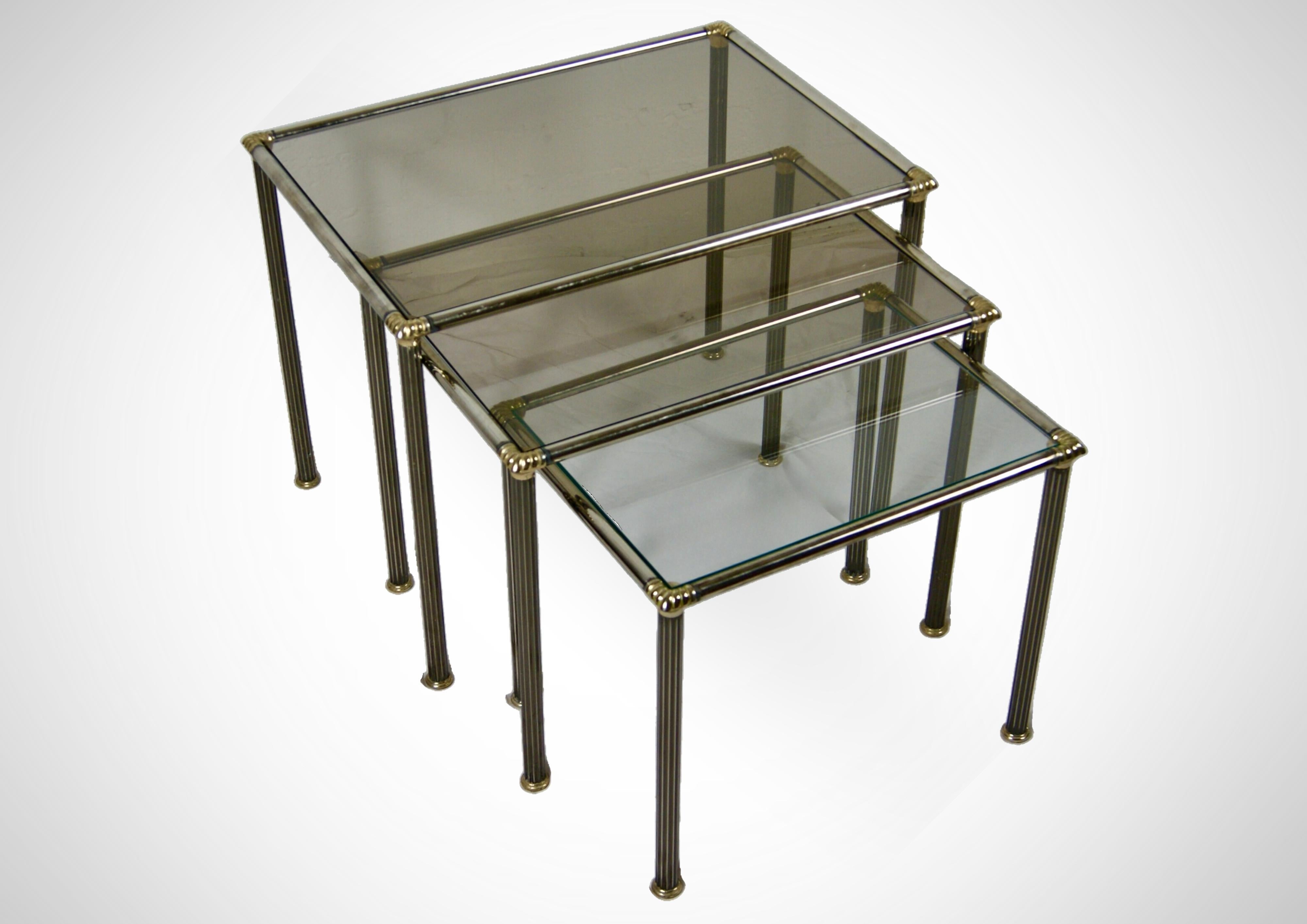 Trio of Nesting Tables With Smoked Glass Tops Circa 1970s Maison Charles Style  In Good Condition For Sale In Torquay, GB