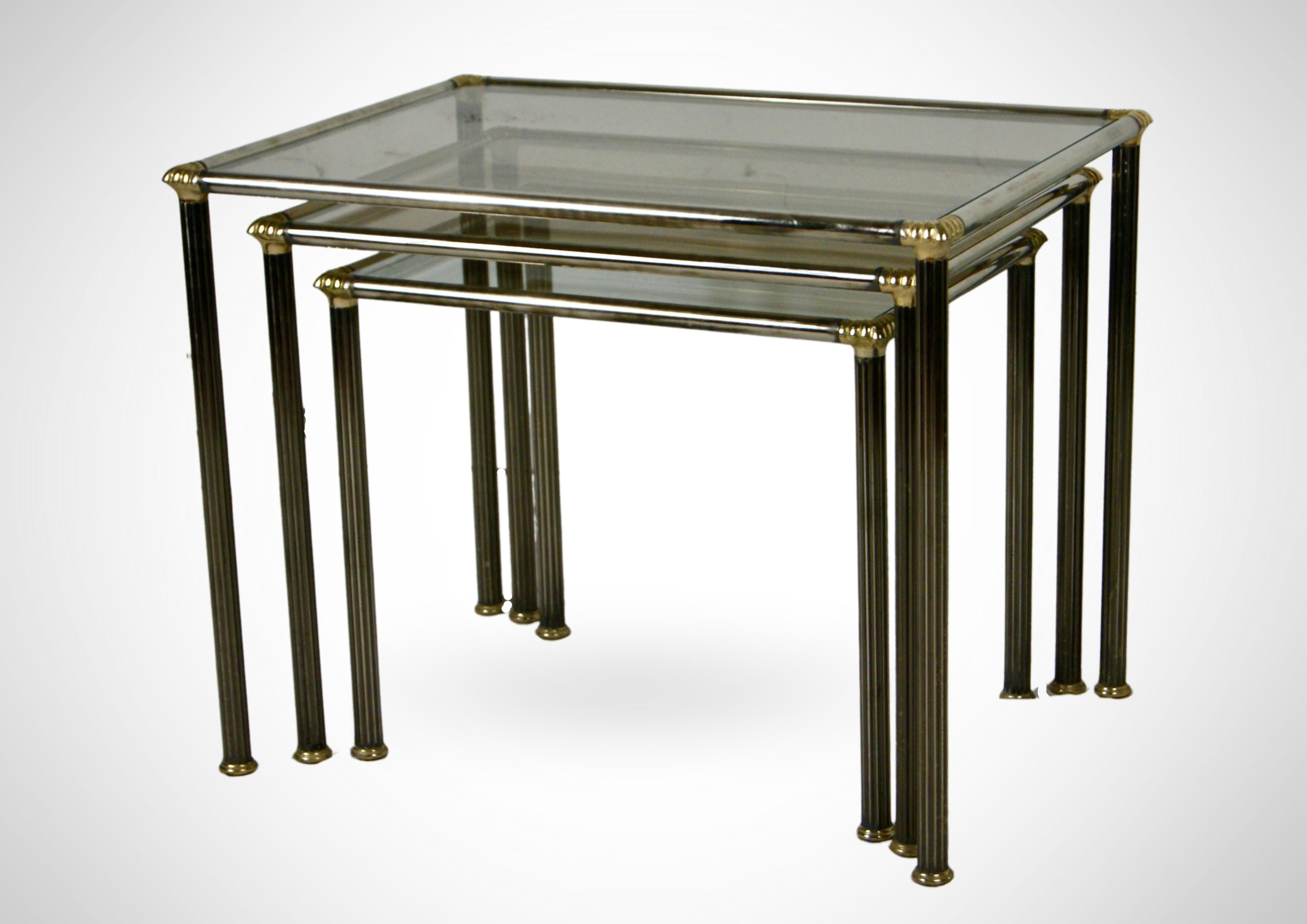 20th Century Trio of Nesting Tables With Smoked Glass Tops Circa 1970s Maison Charles Style  For Sale
