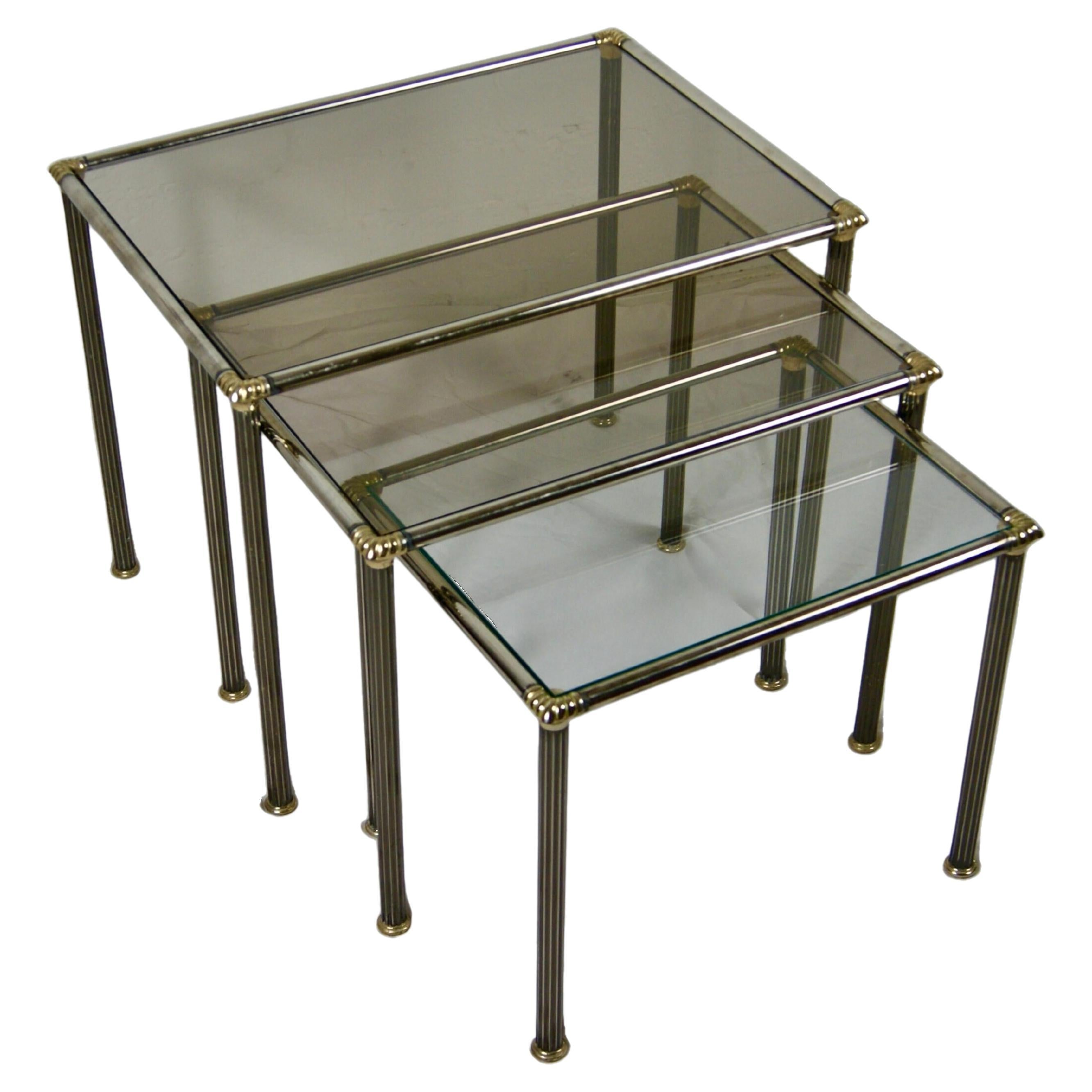 Trio of Nesting Tables With Smoked Glass Tops Circa 1970s Maison Charles Style  For Sale