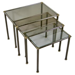 Trio of Nesting Tables With Smoked Glass Tops Circa 1970s Maison Charles Style 
