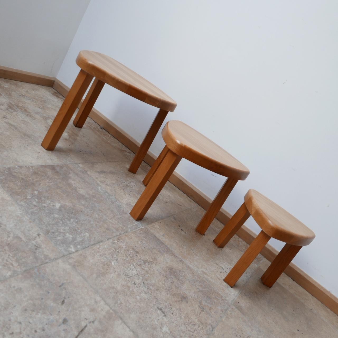 French Trio of Oak Mid-Century Nesting Tables in Manner of Pierre Chapo