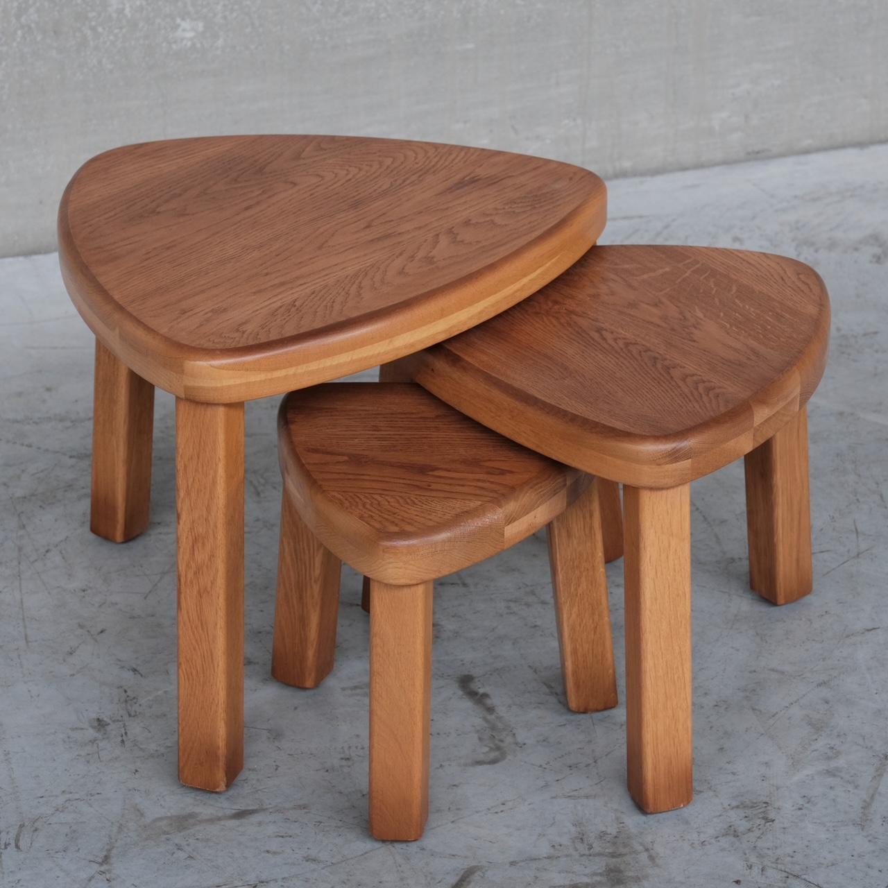 French Trio of Oak Mid-Century Nesting Tables in Manner of Pierre Chapo