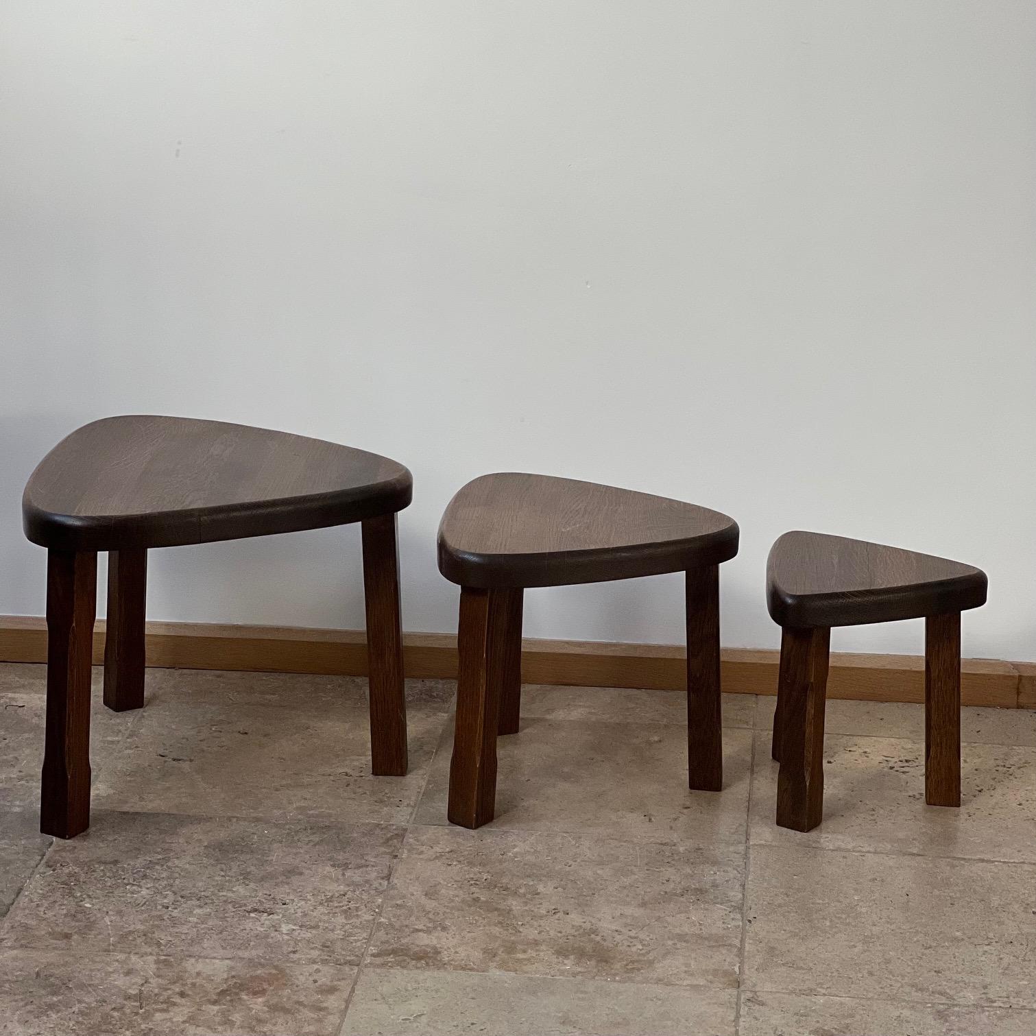 Mid-Century Modern Trio of Oak Mid-Century Nesting Tables in Manner of Pierre Chapo