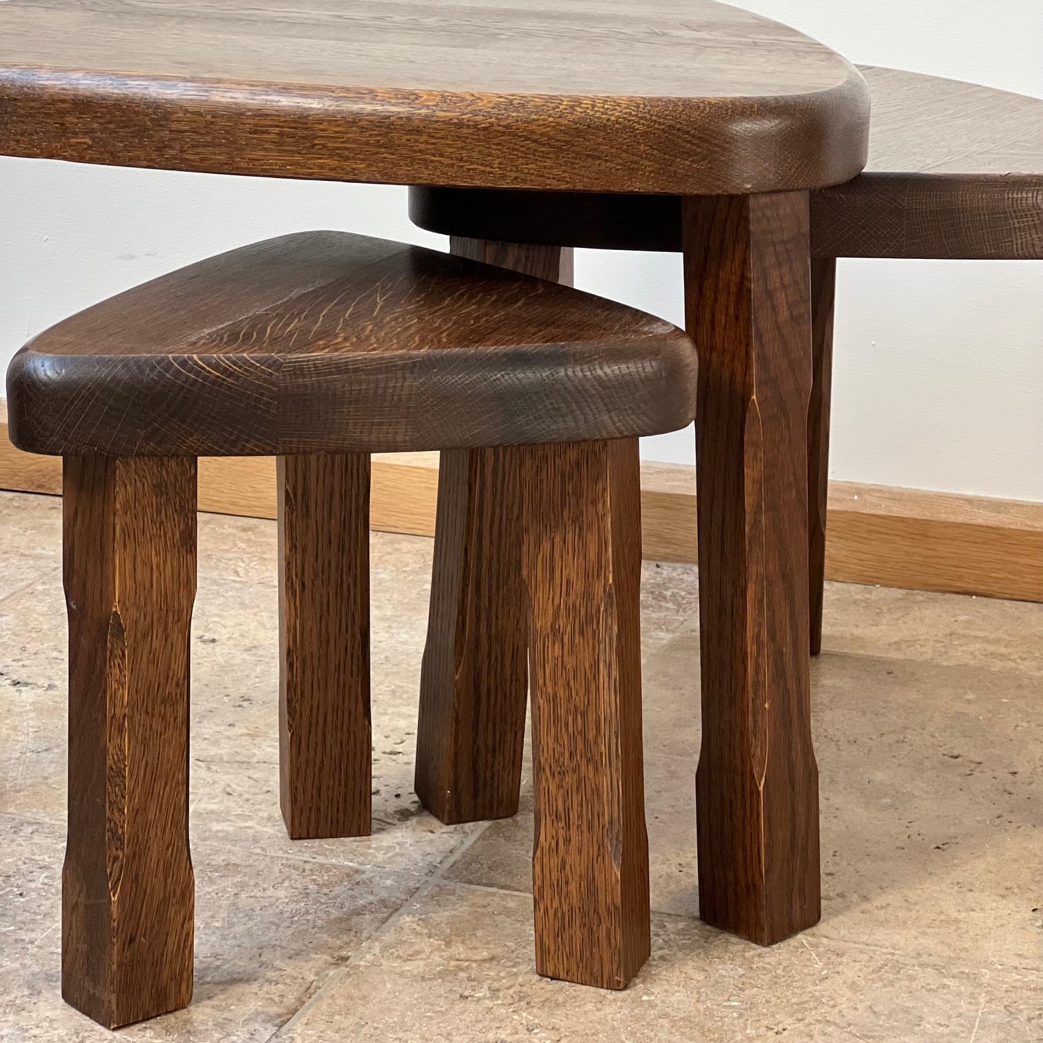 French Trio of Oak Mid-Century Nesting Tables in Manner of Pierre Chapo