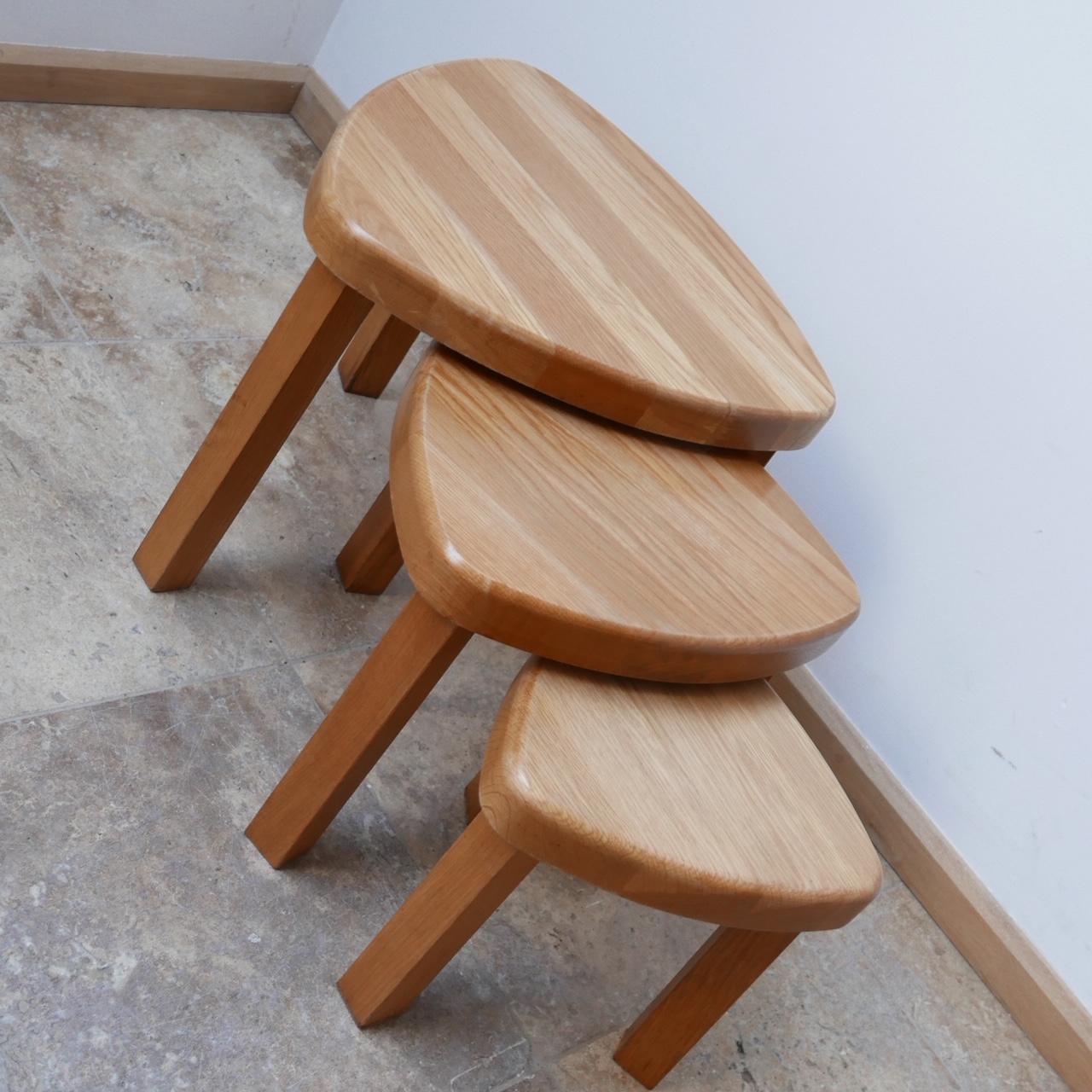 20th Century Trio of Oak Mid-Century Nesting Tables in Manner of Pierre Chapo