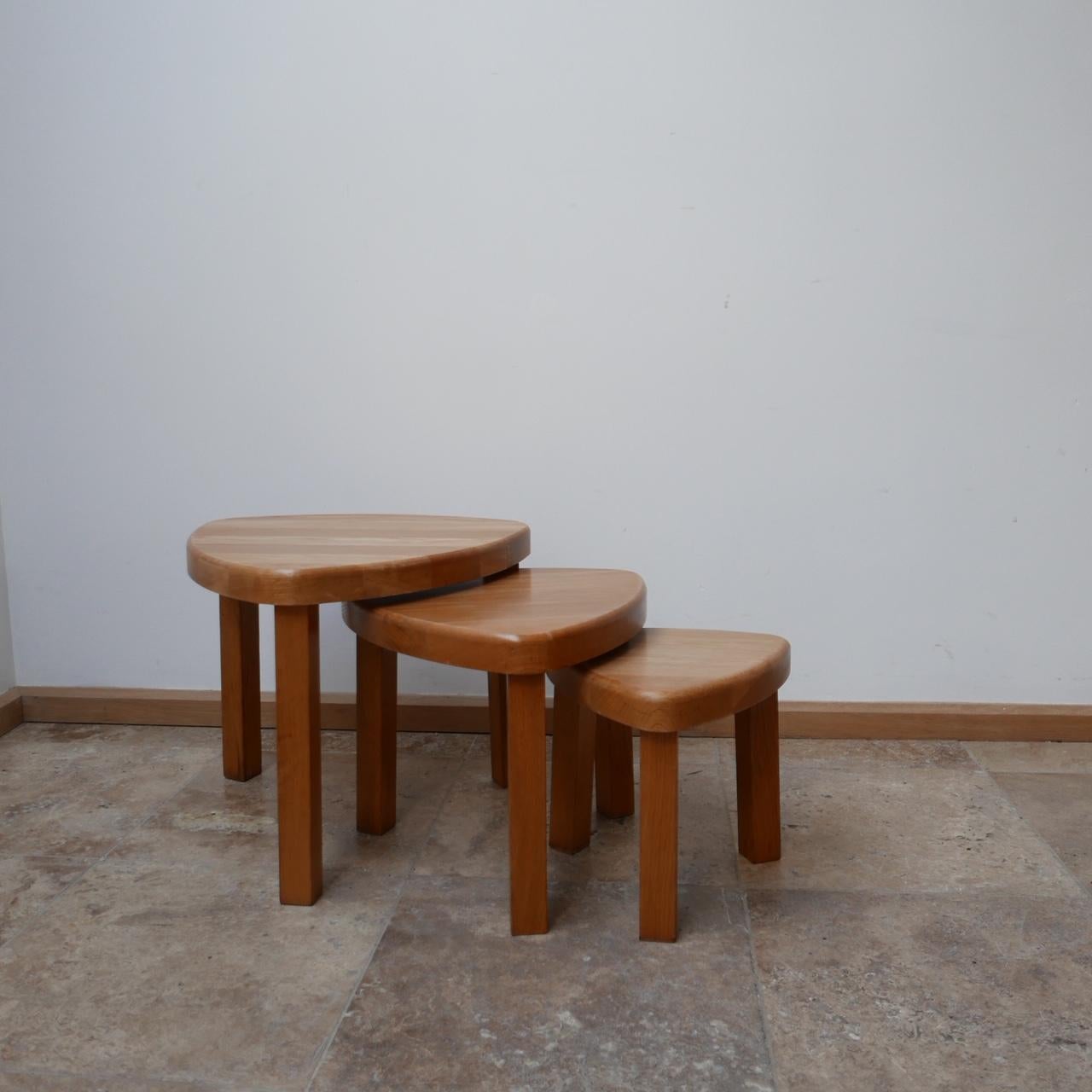 Wood Trio of Oak Mid-Century Nesting Tables in Manner of Pierre Chapo
